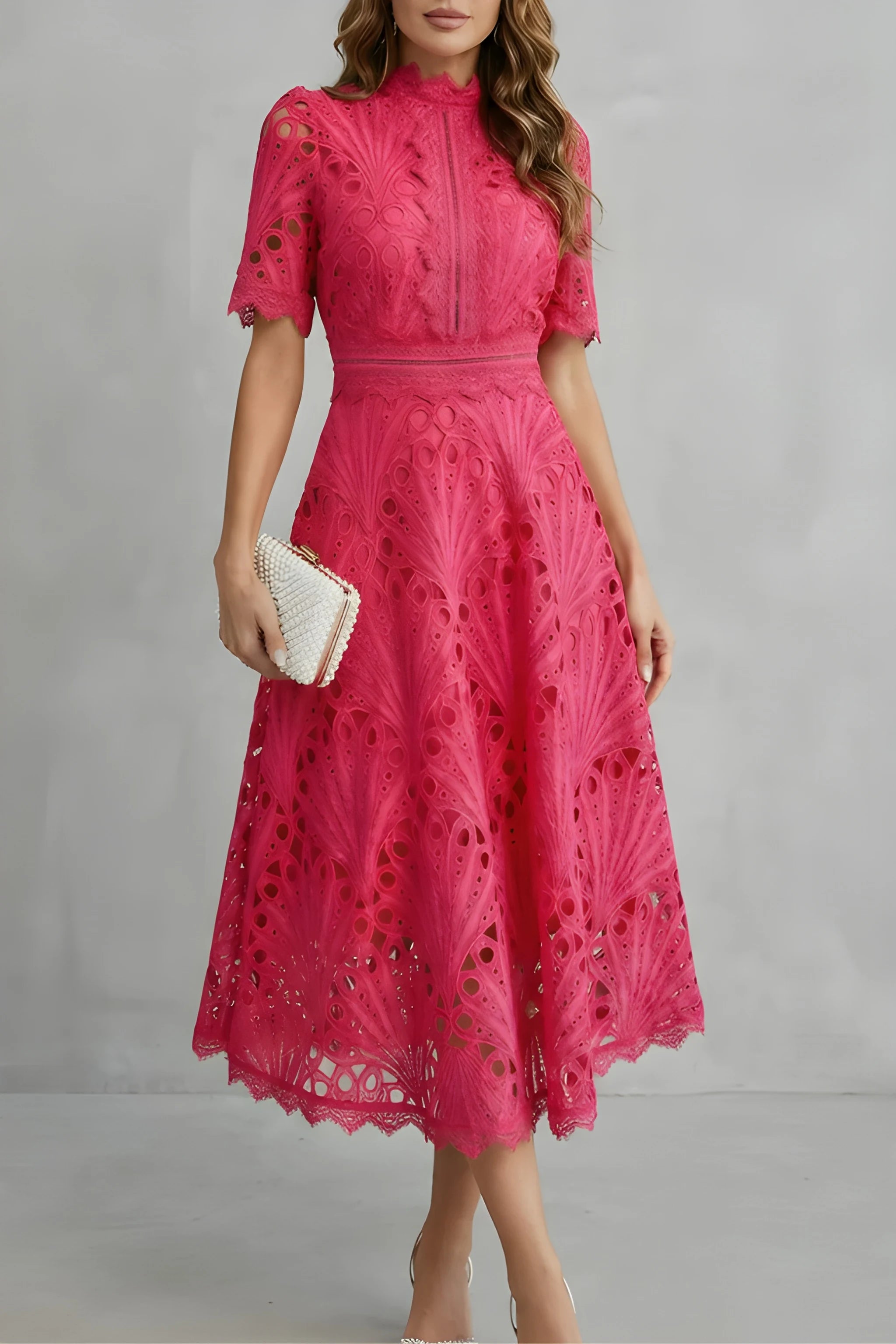 Women's Elegant Vintage Midi Wedding Guest Dress with High Neck