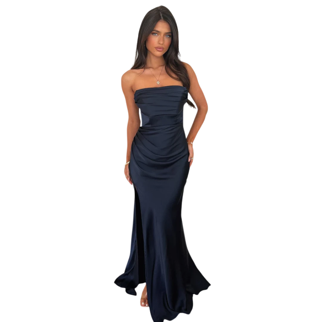 Women's Wedding Guest Maxi Dress with Strapless Neckline and Slit