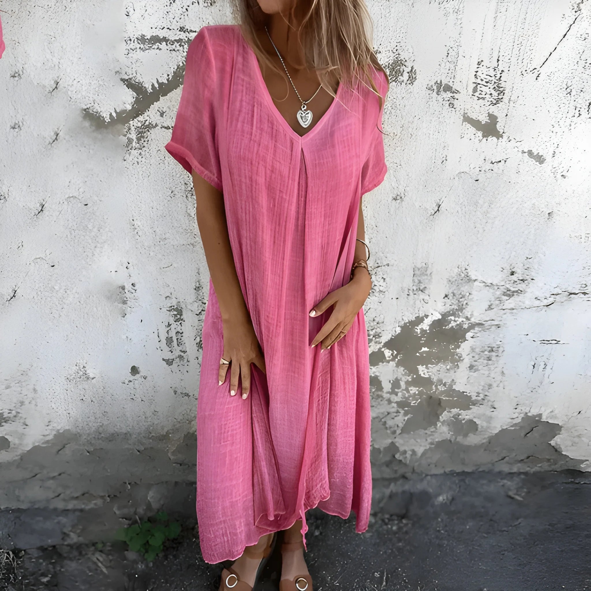 Women's Casual Flowy Midi Summer Dress with V-Neck