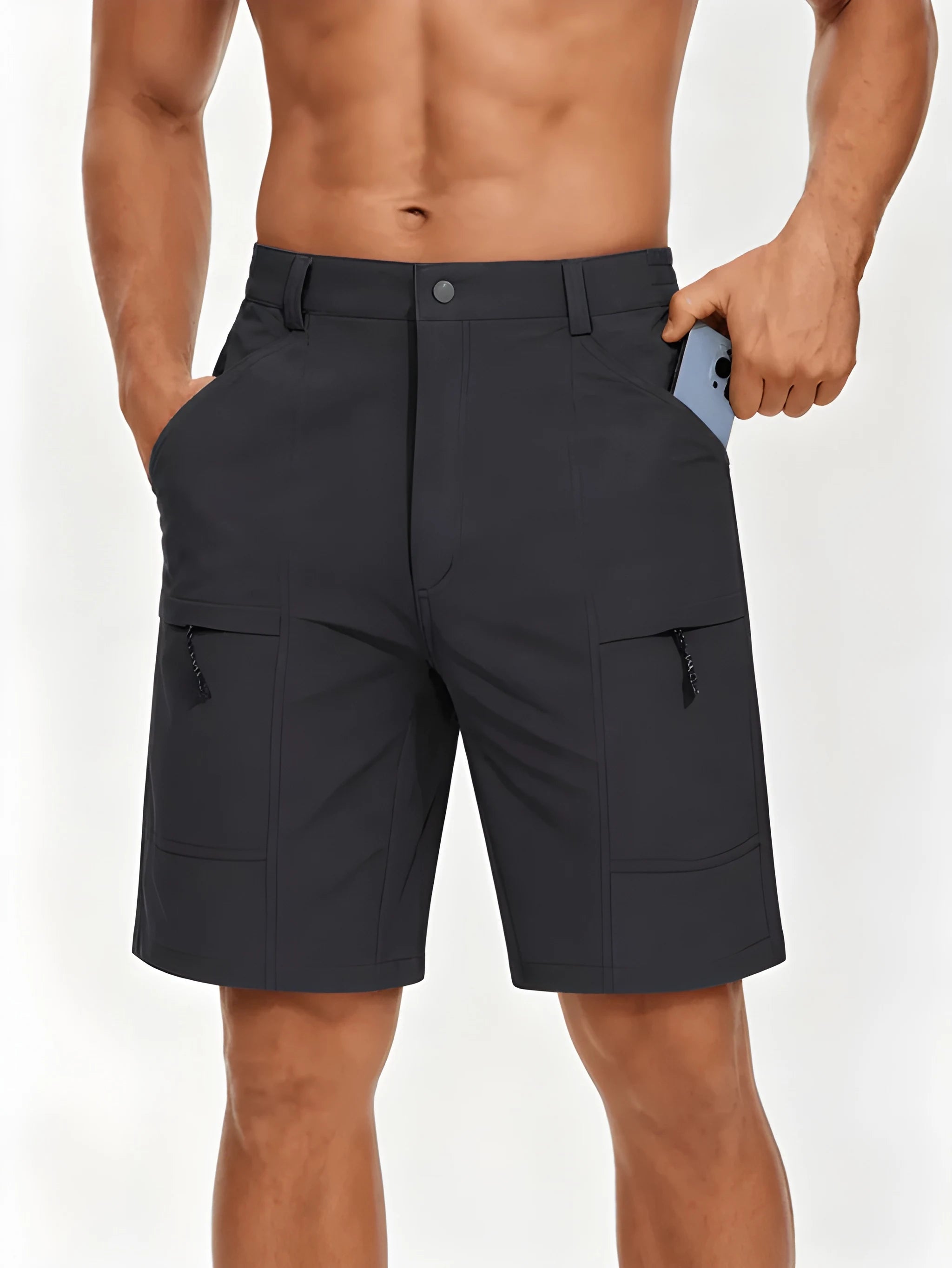 Men's Cargo Workout Shorts with Elastic Waist and Zip Pockets