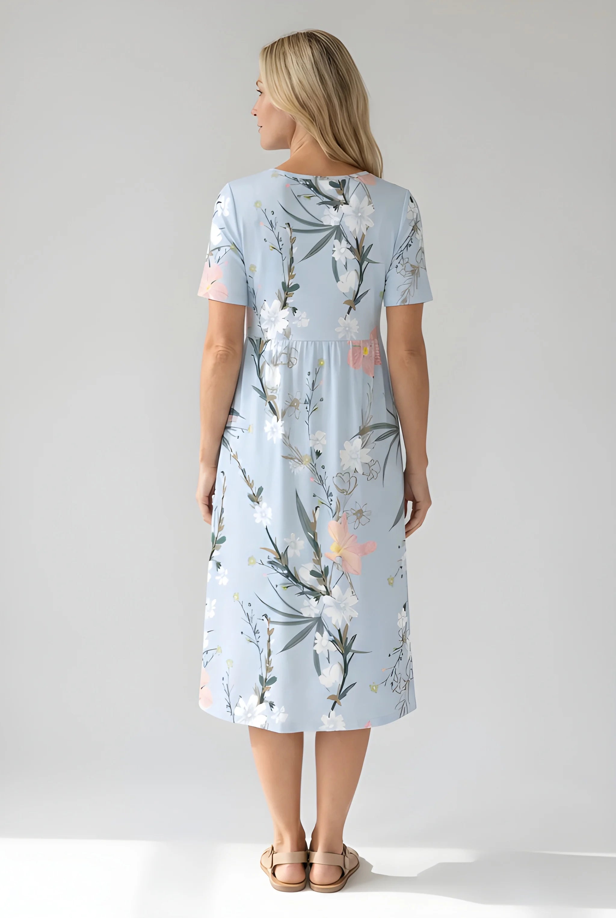 Women's Casual Floral Midi Summer Dress with Short Sleeves