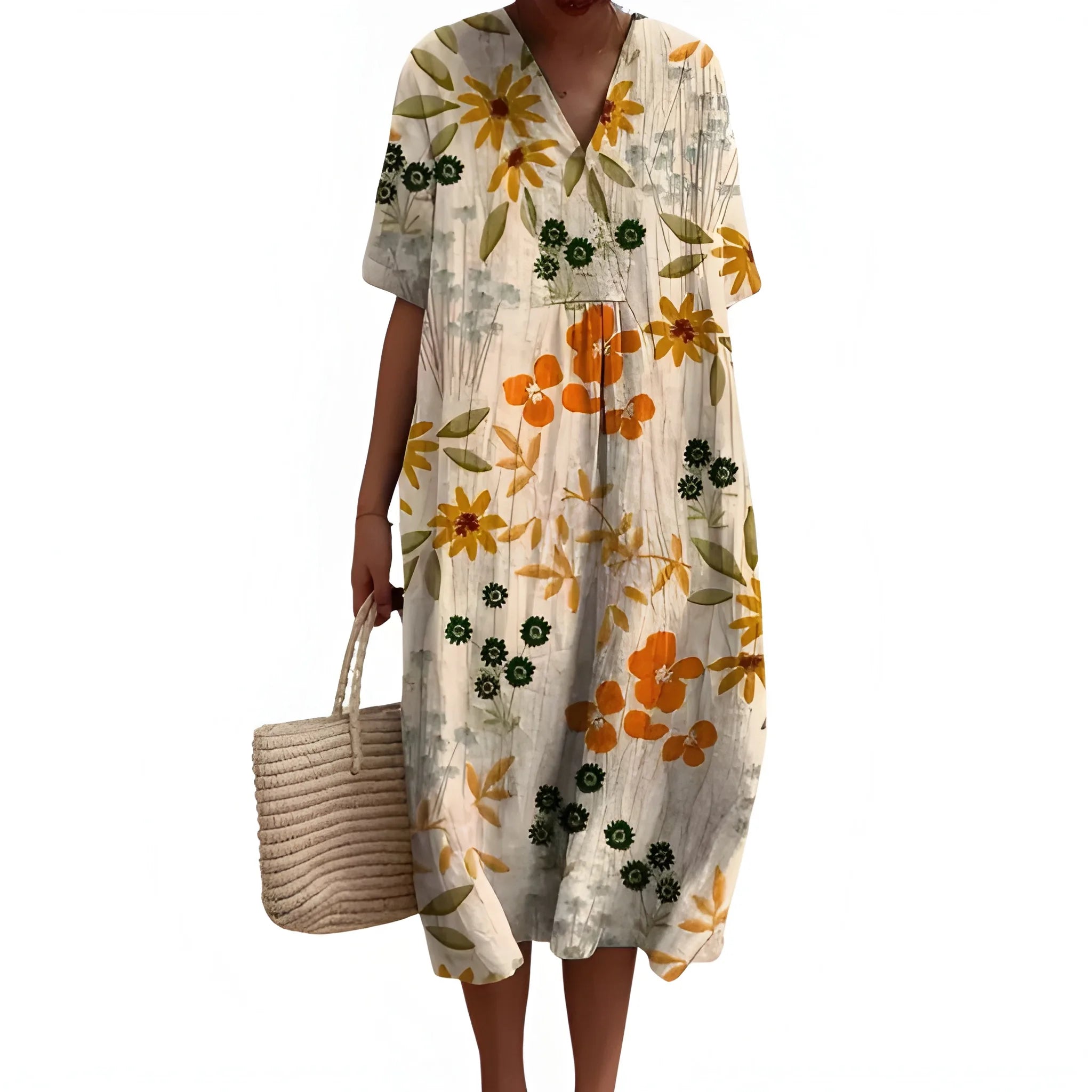 Women's Casual Floral Midi Summer Dress with V Neck
