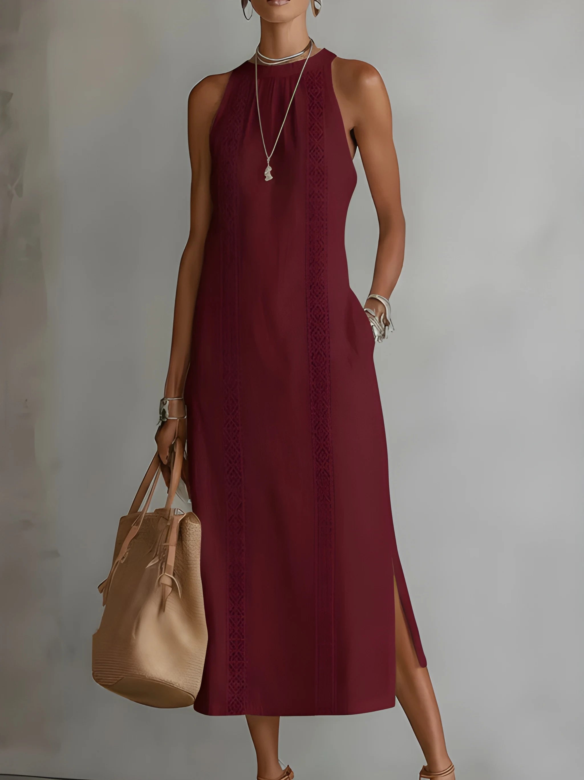 Women's Casual Boho Midi Summer Dress with Embroidered Detailing and Slit