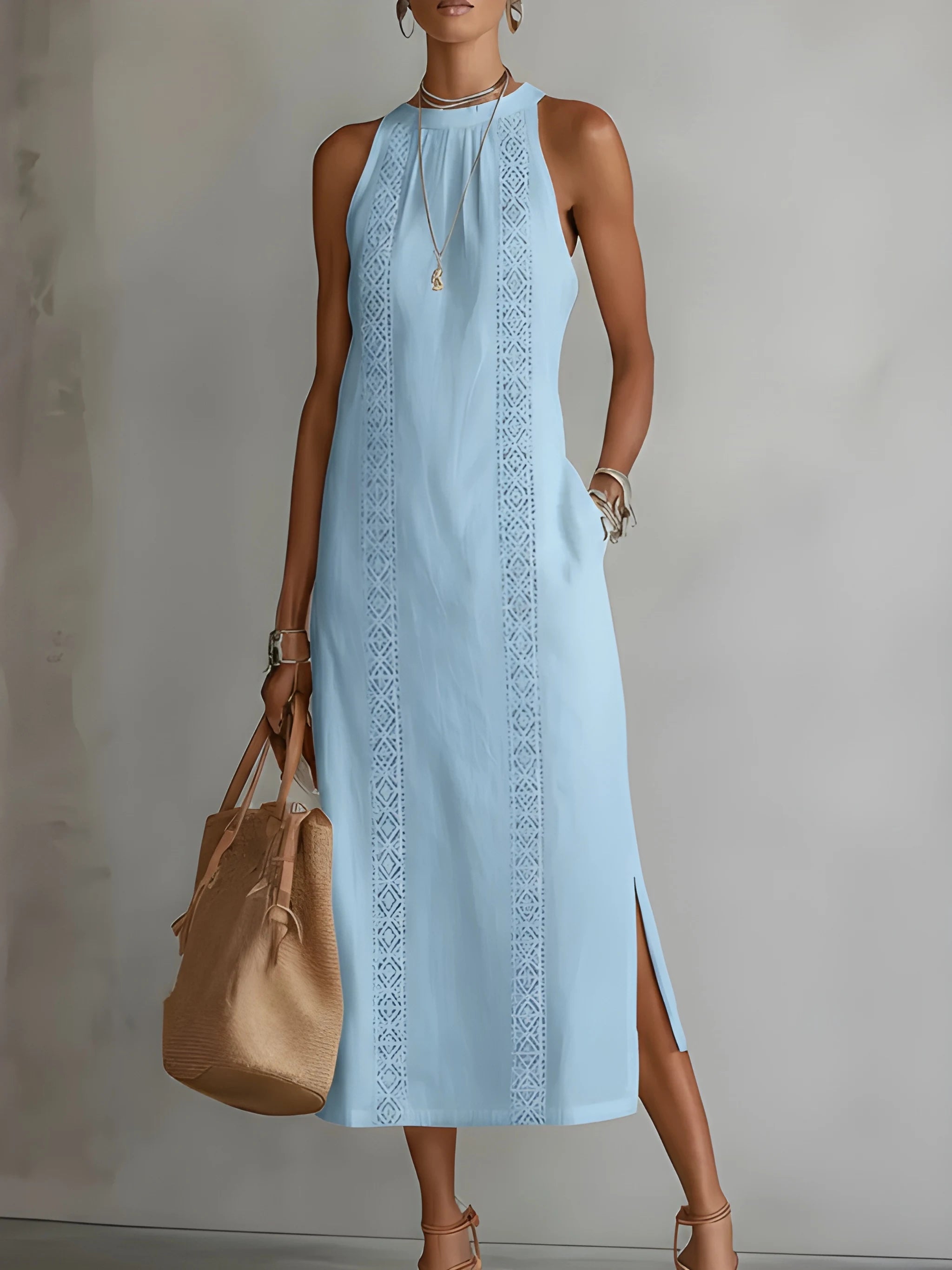 Women's Casual Boho Midi Summer Dress with Embroidered Detailing and Slit