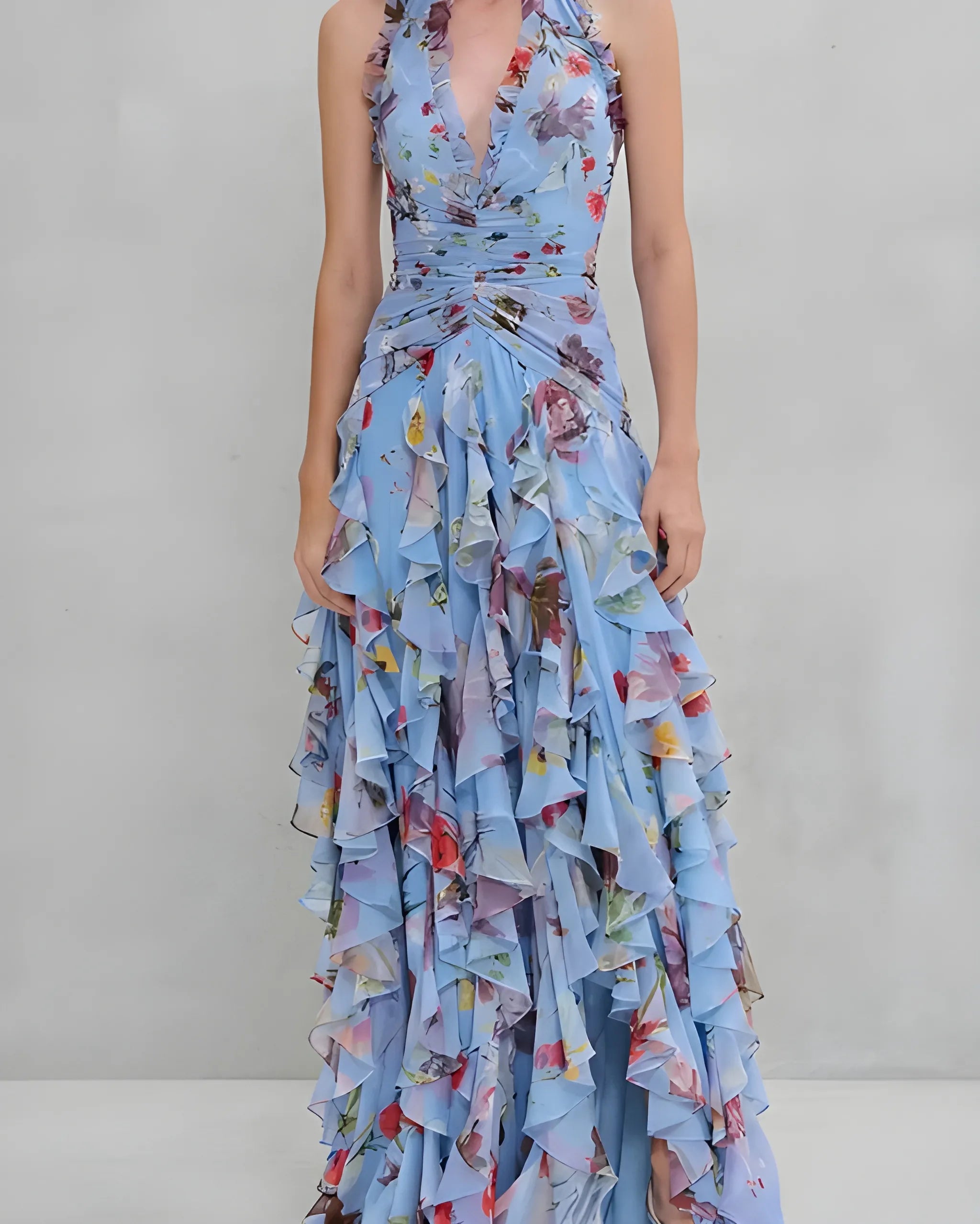 Women's Casual Floral Maxi Wedding Guest Dress with Halter Neck