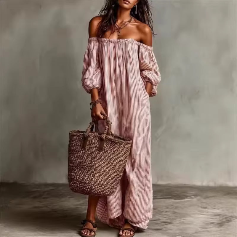 Women's Relaxed Striped Maxi Summer Dress with Off-Shoulder Design