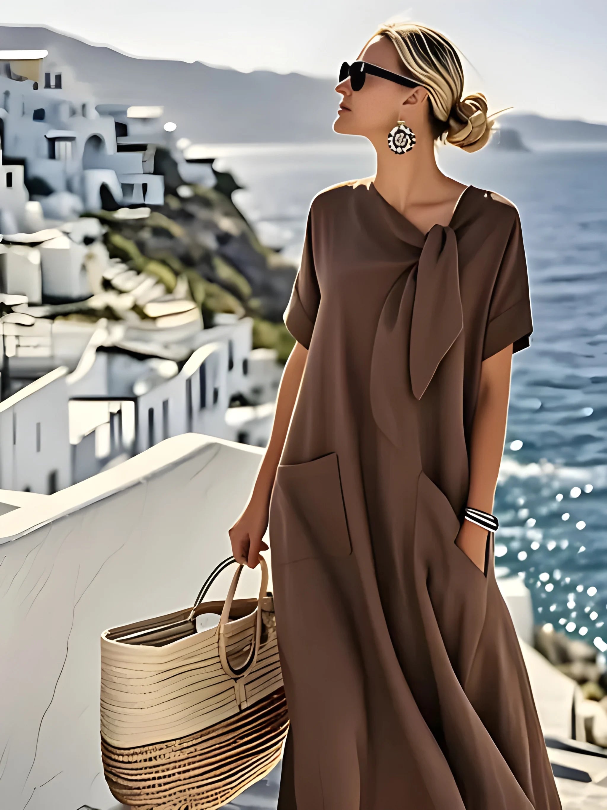 Women's Casual Boho Midi Summer Dress with Short Sleeves