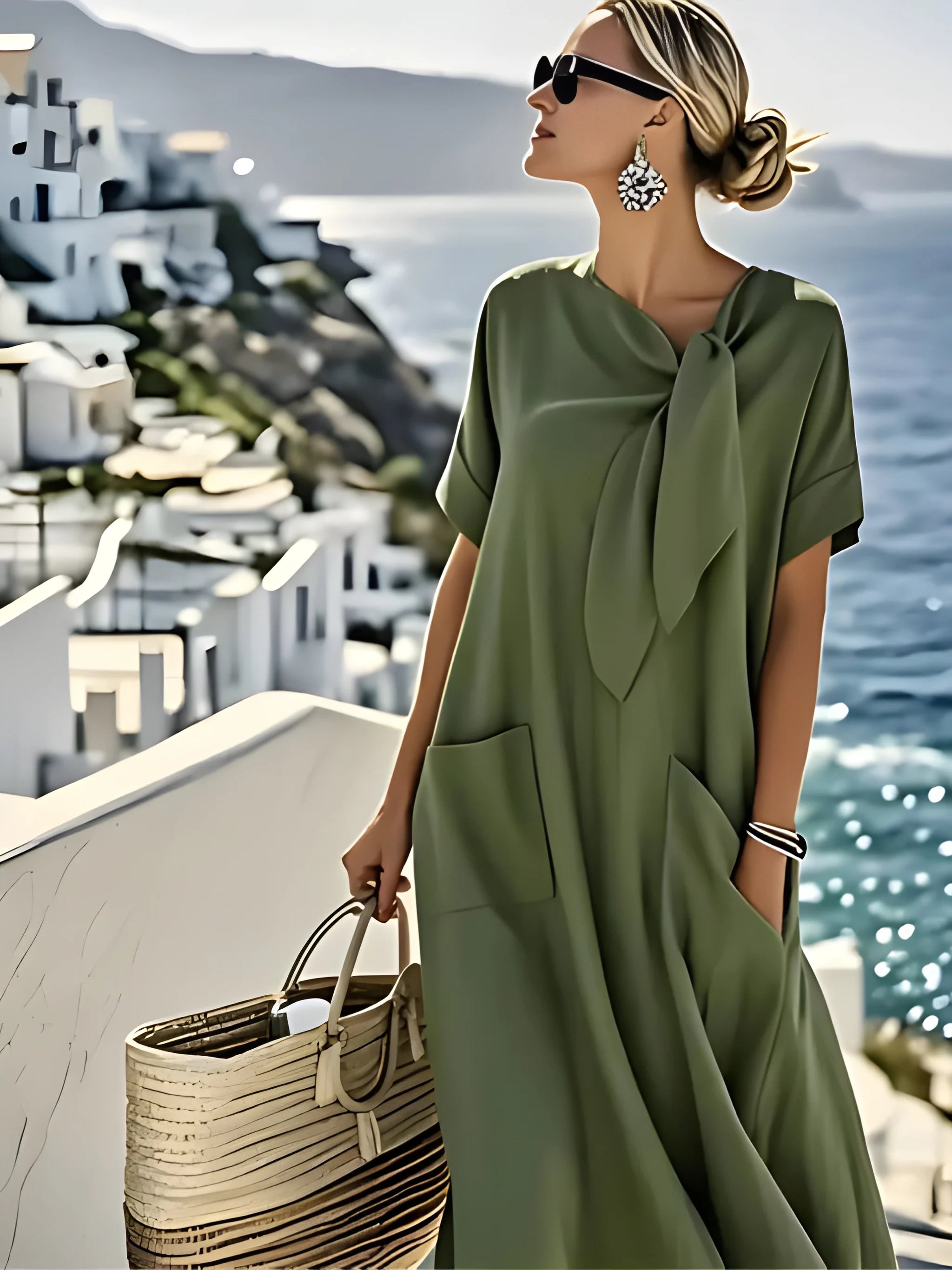 Women's Casual Boho Midi Summer Dress with Short Sleeves