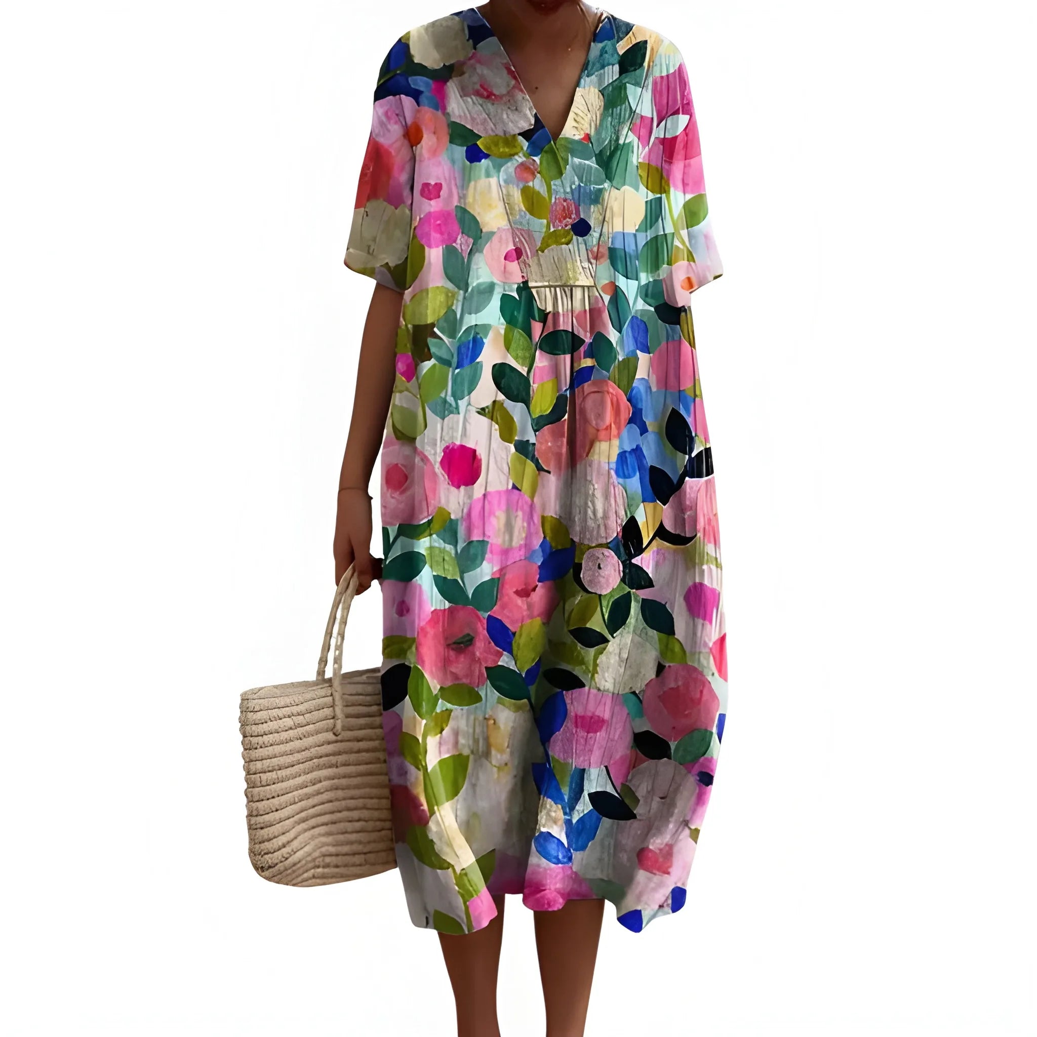 Women's Casual Floral Midi Summer Dress with V Neck
