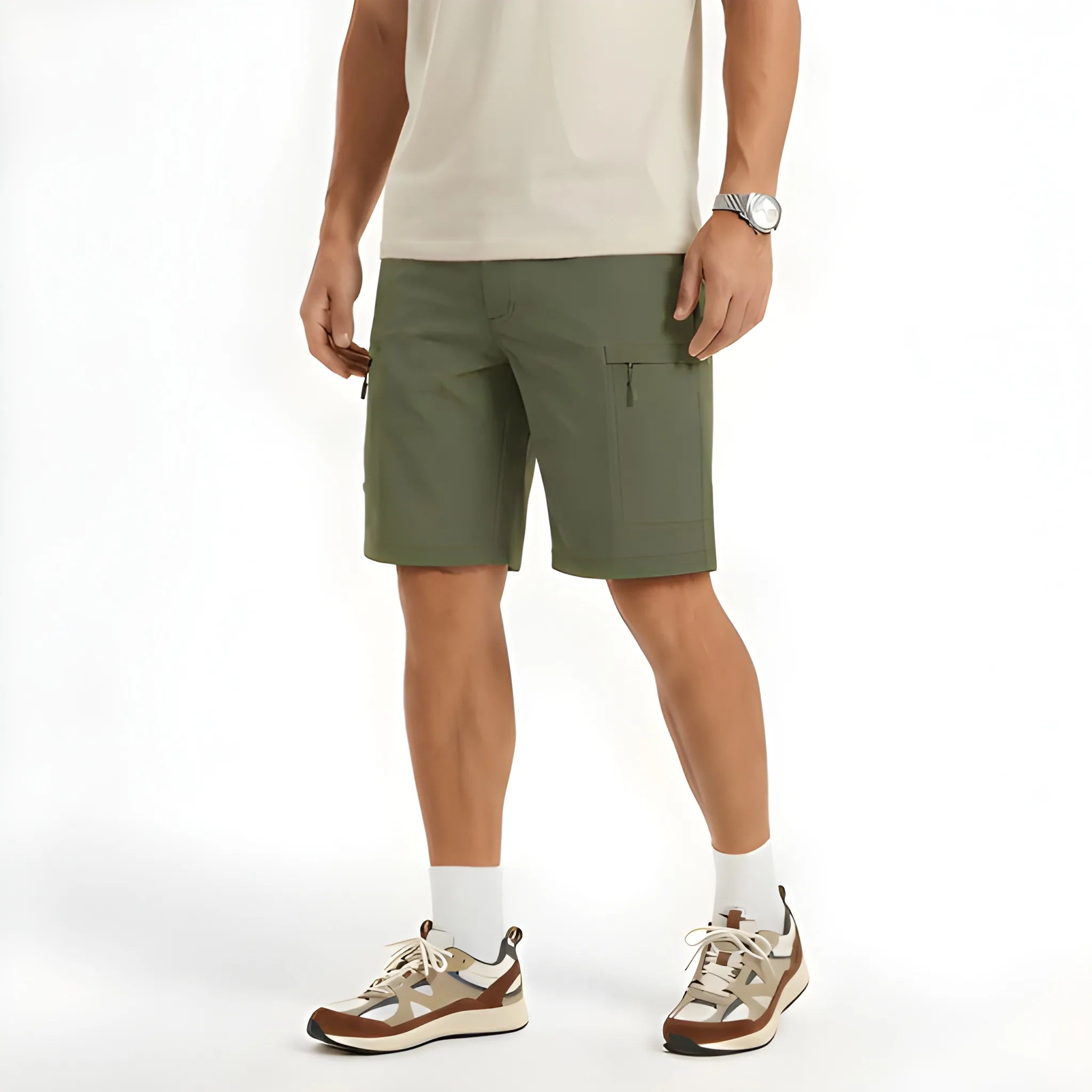 Men's Cargo Casual Shorts with Elastic Waist and Zip Pockets