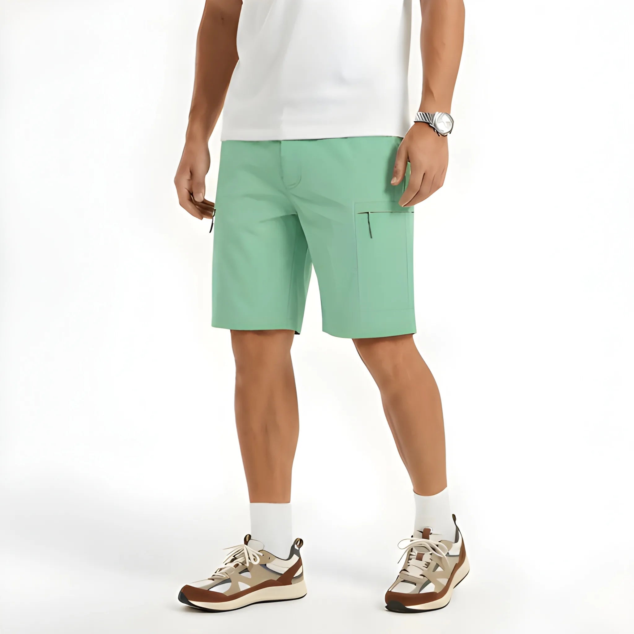 Men's Cargo Casual Shorts with Elastic Waist and Zip Pockets