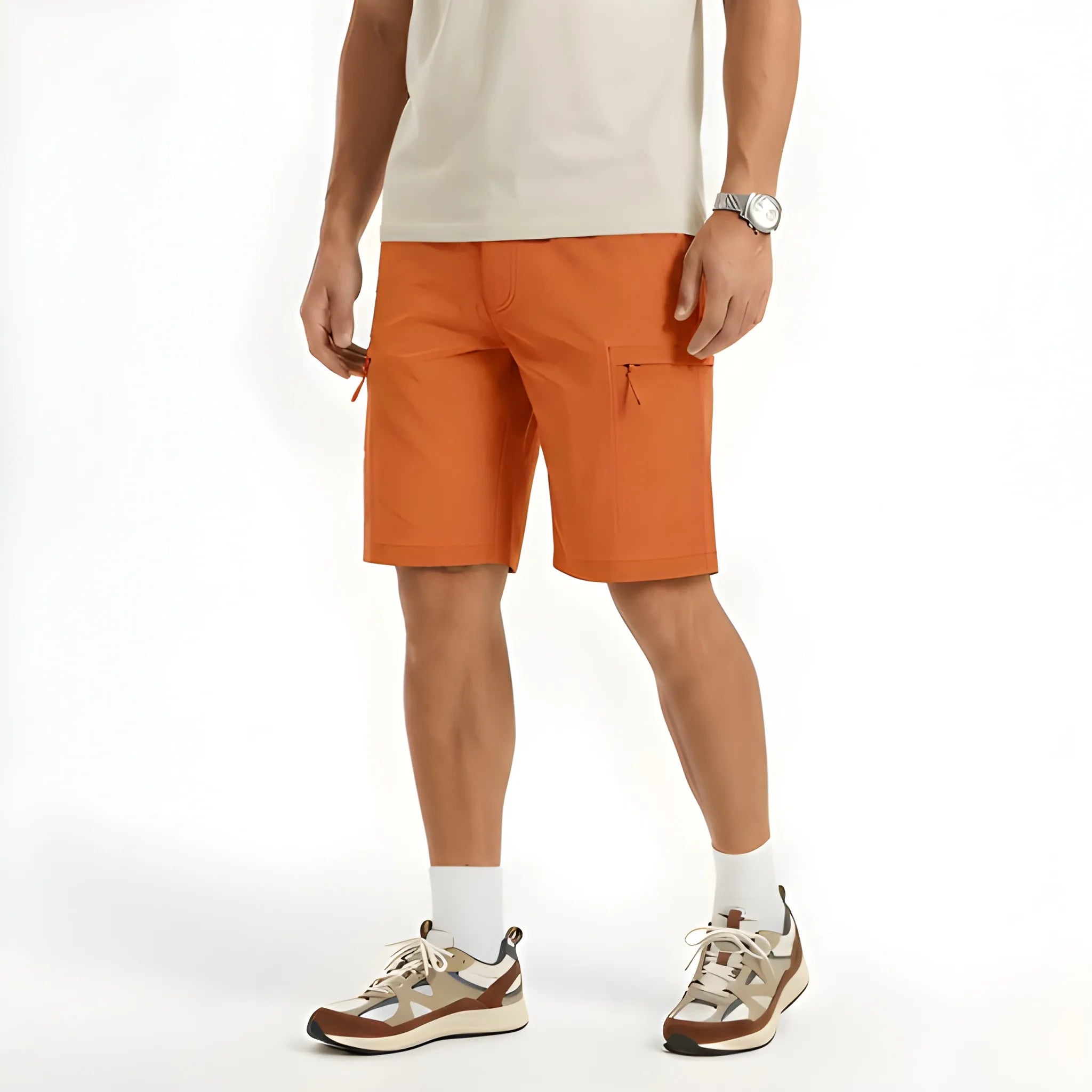 Men's Cargo Casual Shorts with Elastic Waist and Zip Pockets