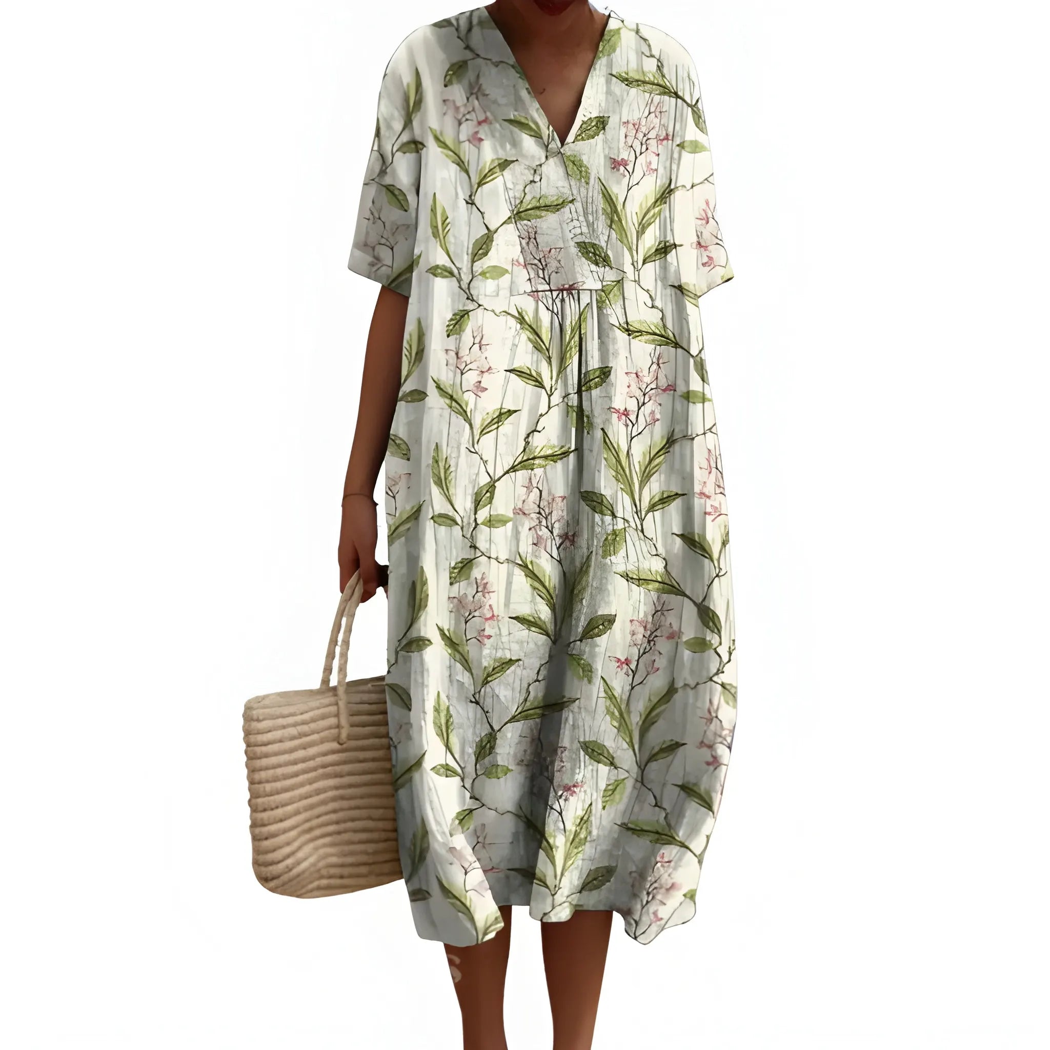 Women's Casual Floral Midi Summer Dress with V Neck