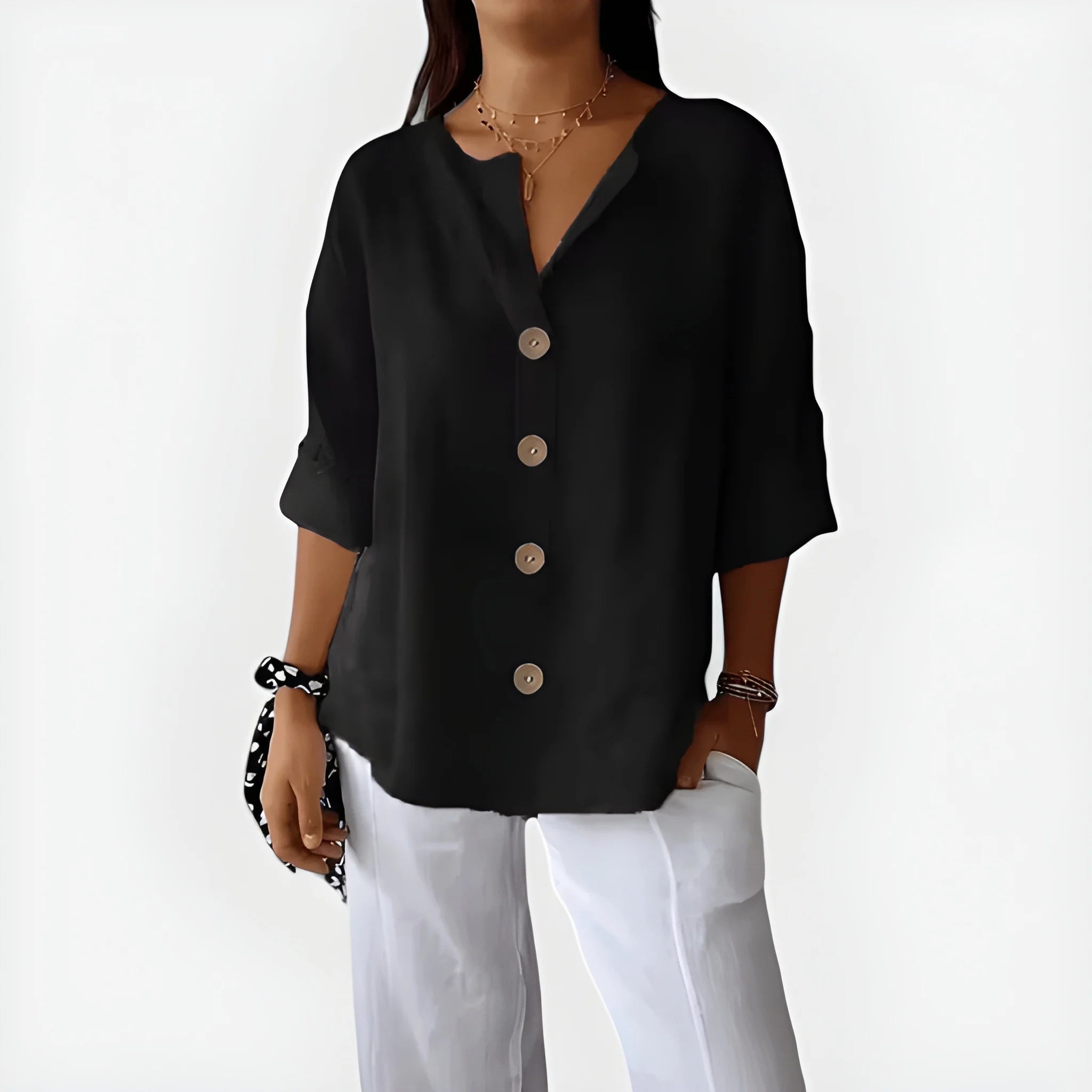 Women's Summer Loose Shirt with V-Neck and Short Sleeve