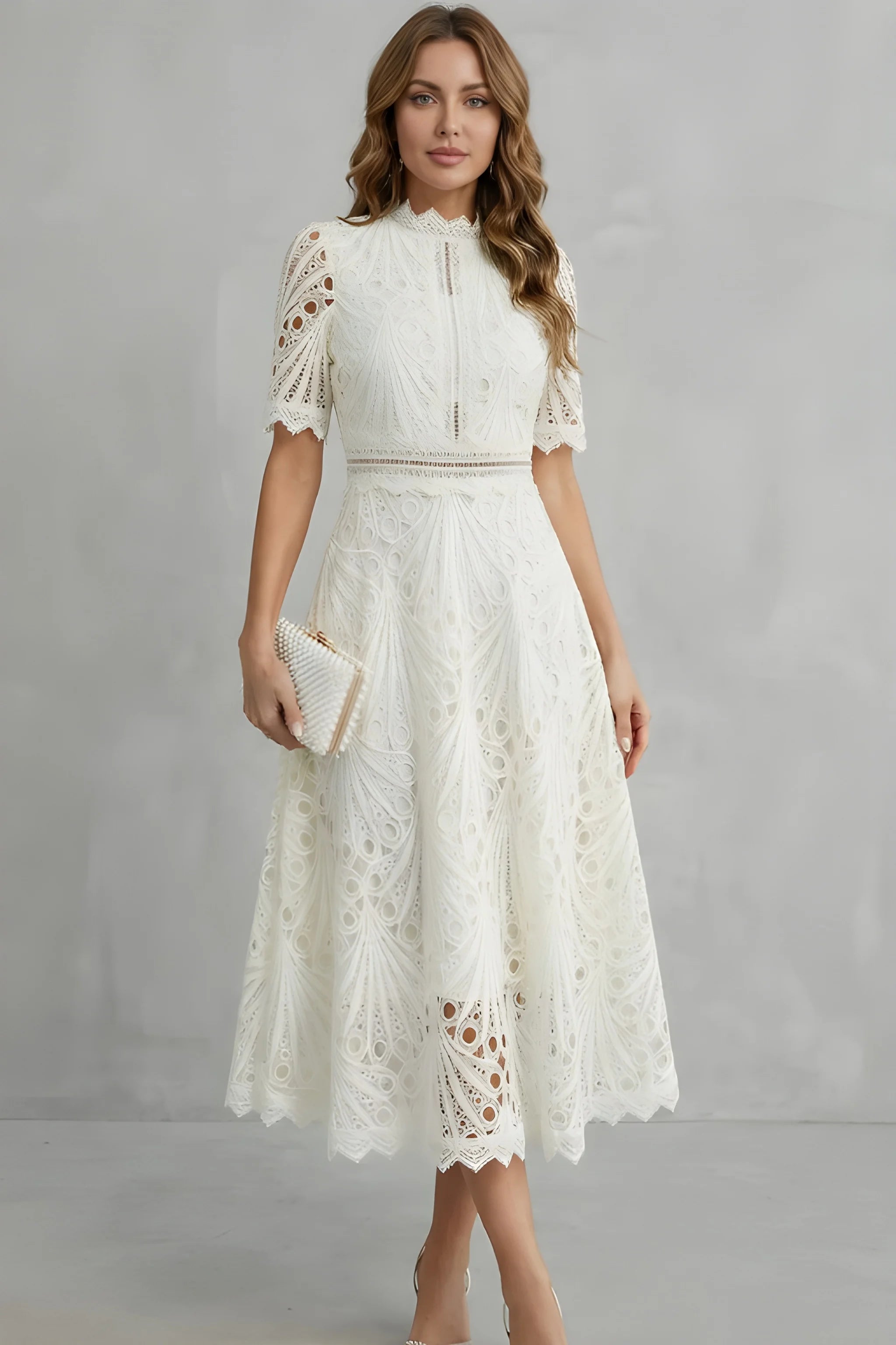 Women's Elegant Vintage Midi Wedding Guest Dress with High Neck