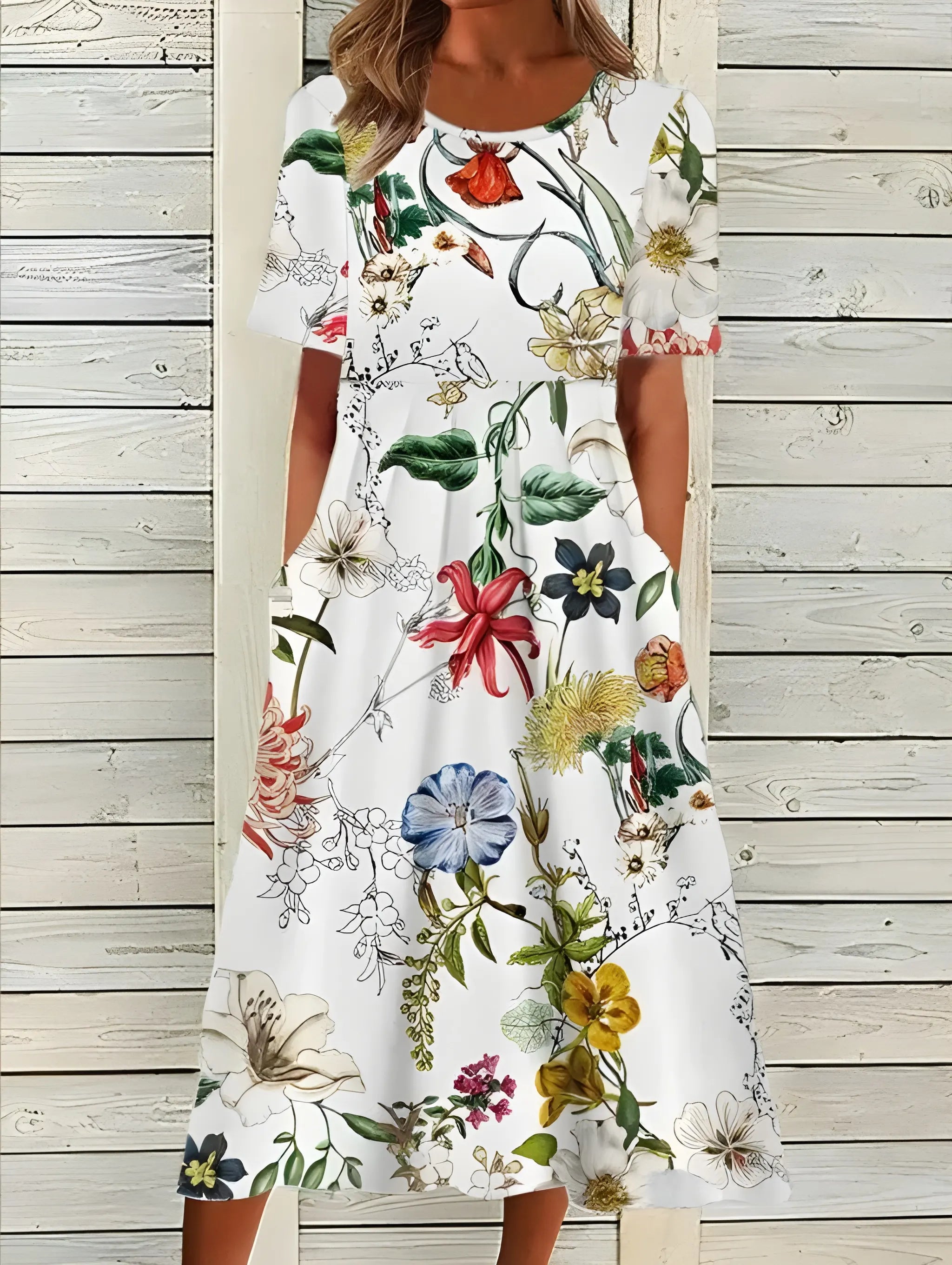 Women's Casual Floral Midi Summer Dress with Short Sleeves