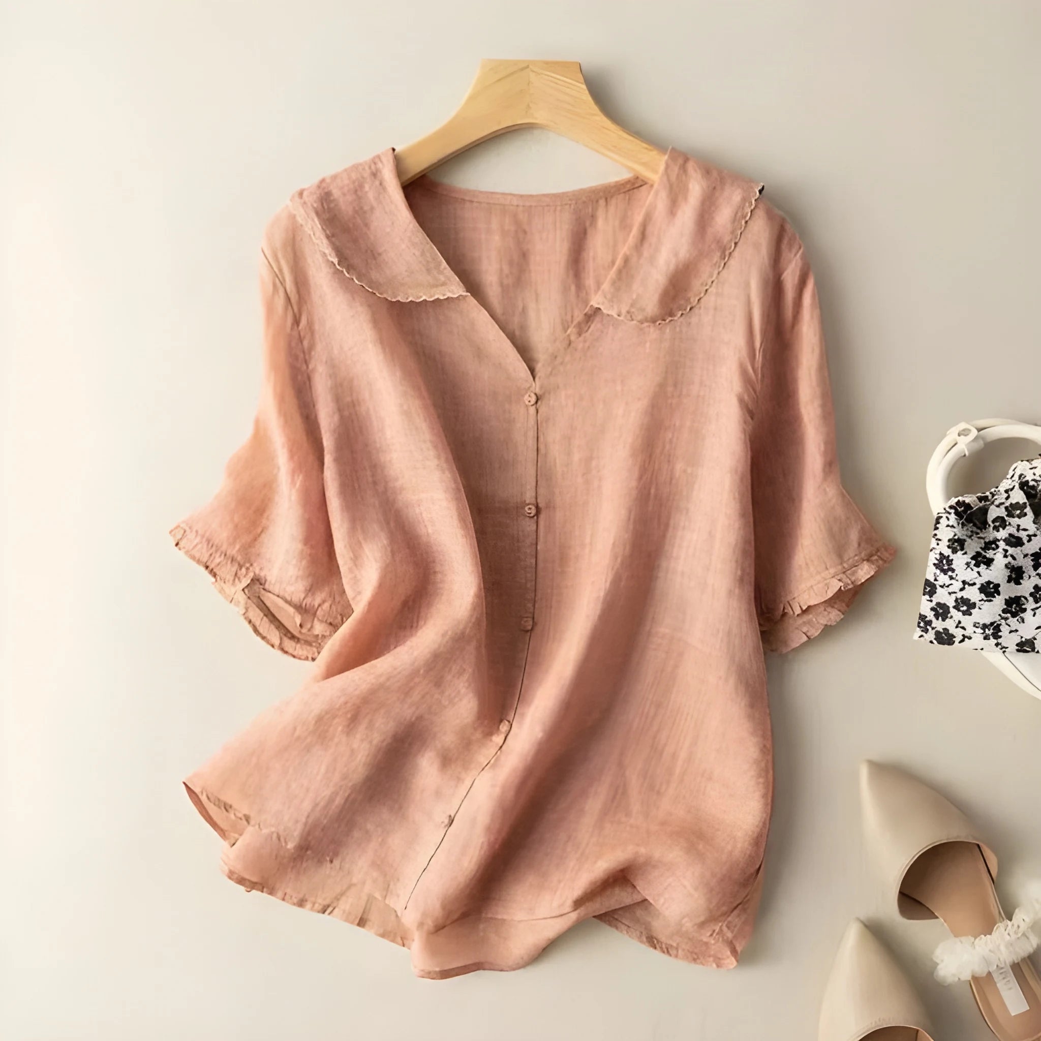 Women's Oversized Summer Shirt with V-Neck and Embroidered Details