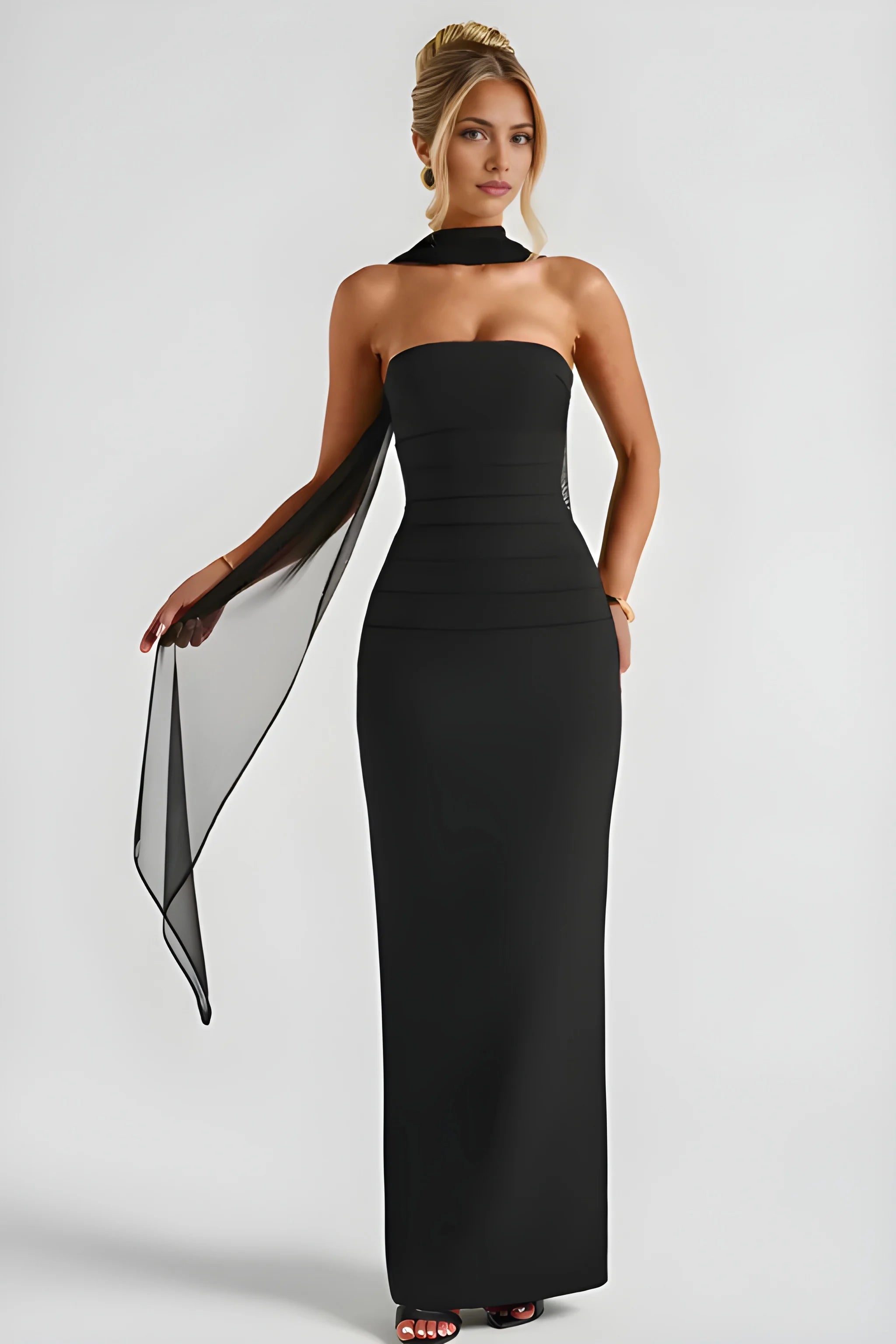 Women's Formal Maxi Wedding Guest Dress with Strapless Neckline