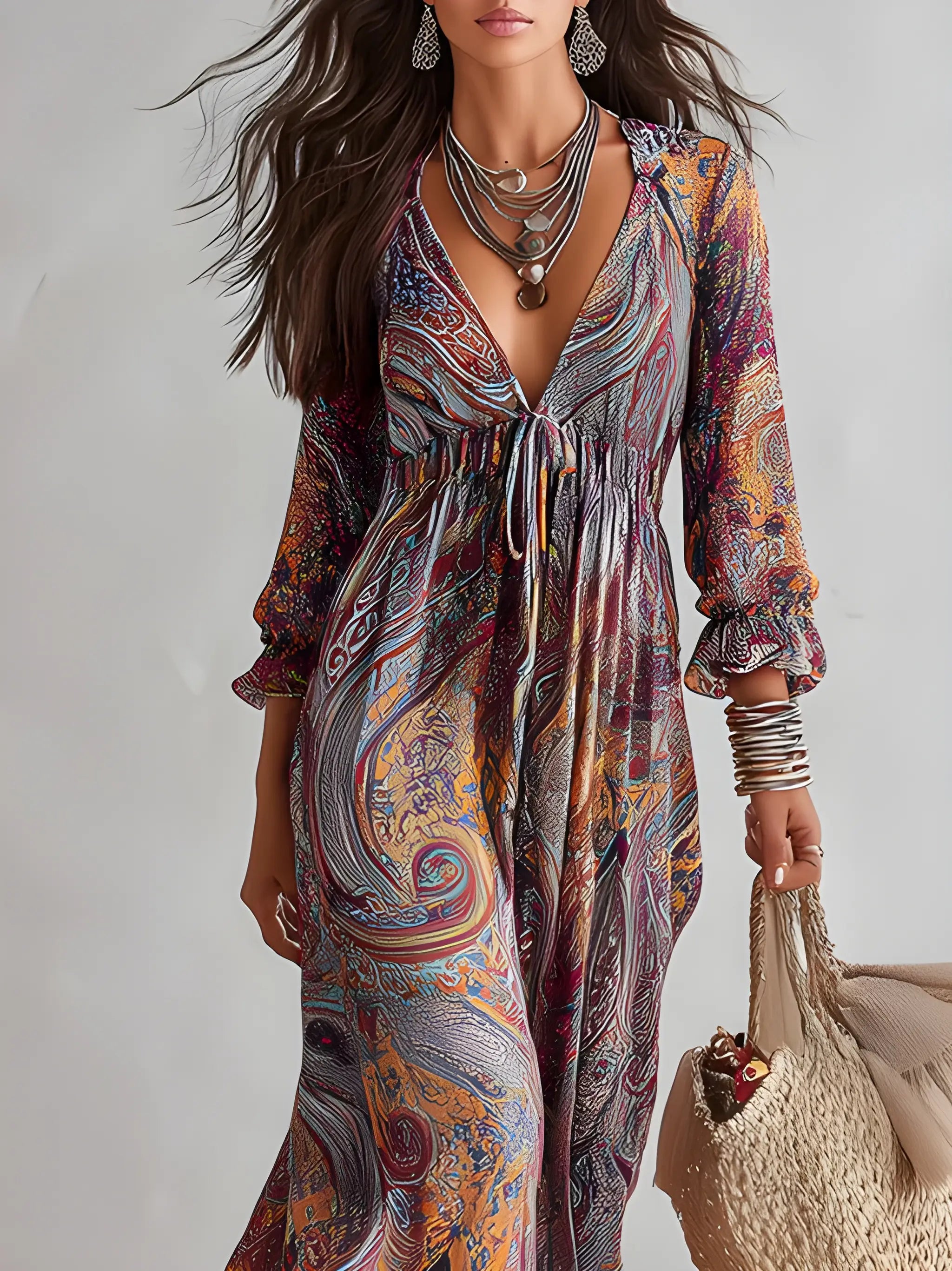 Women's Vintage Boho Maxi Summer Dress with V-Neck