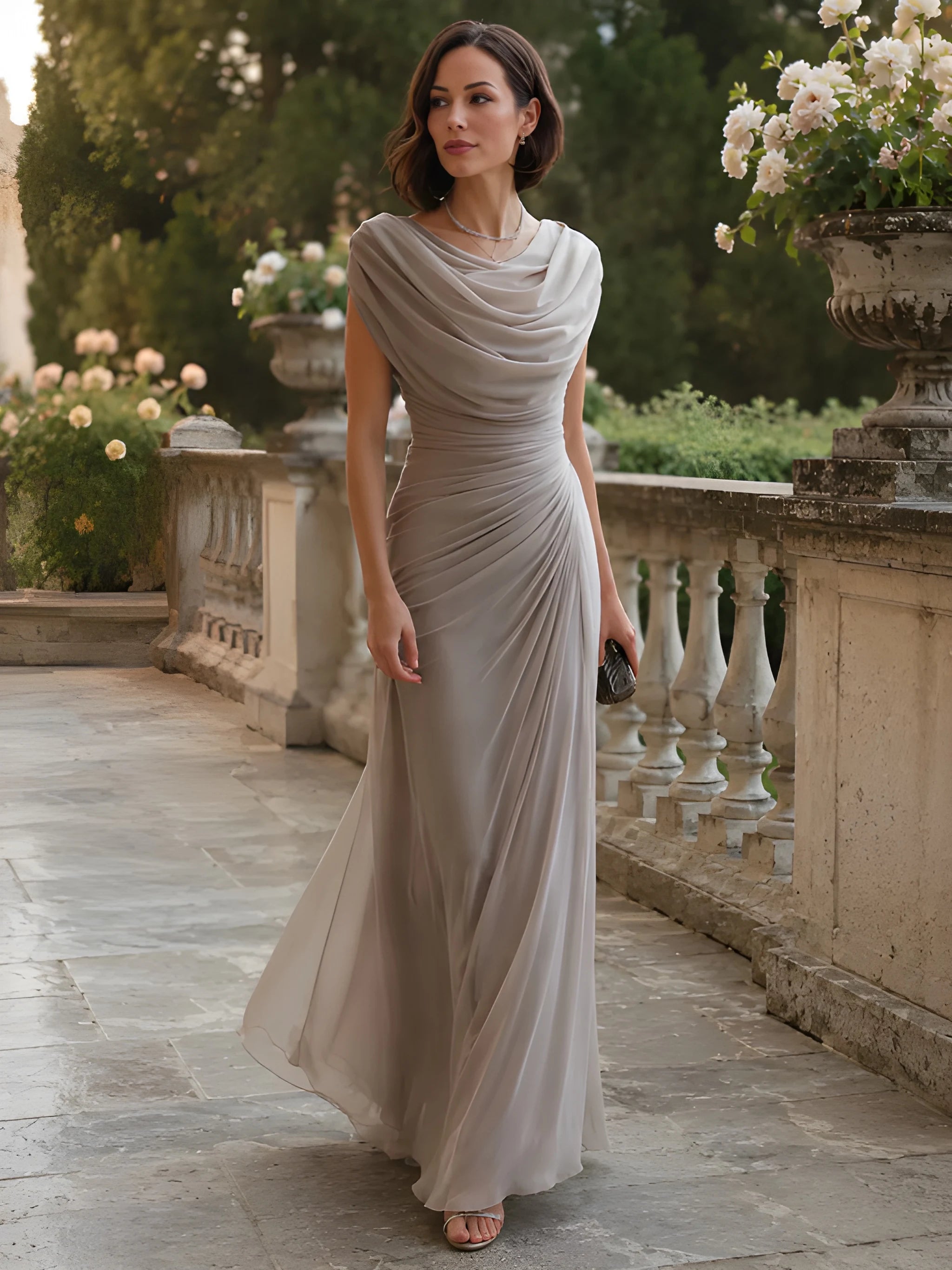 Women's Formal Mesh Maxi Wedding Guest Dress with Cowl Neck