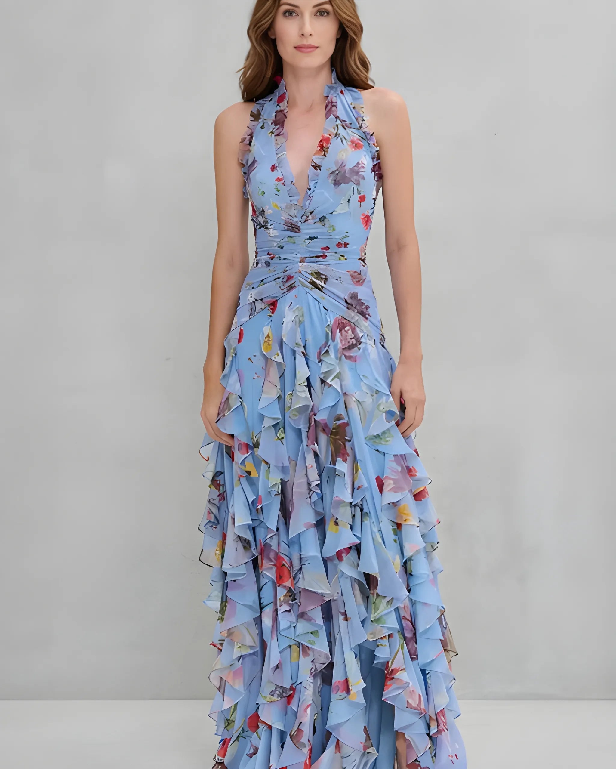 Women's Casual Floral Maxi Wedding Guest Dress with Halter Neck