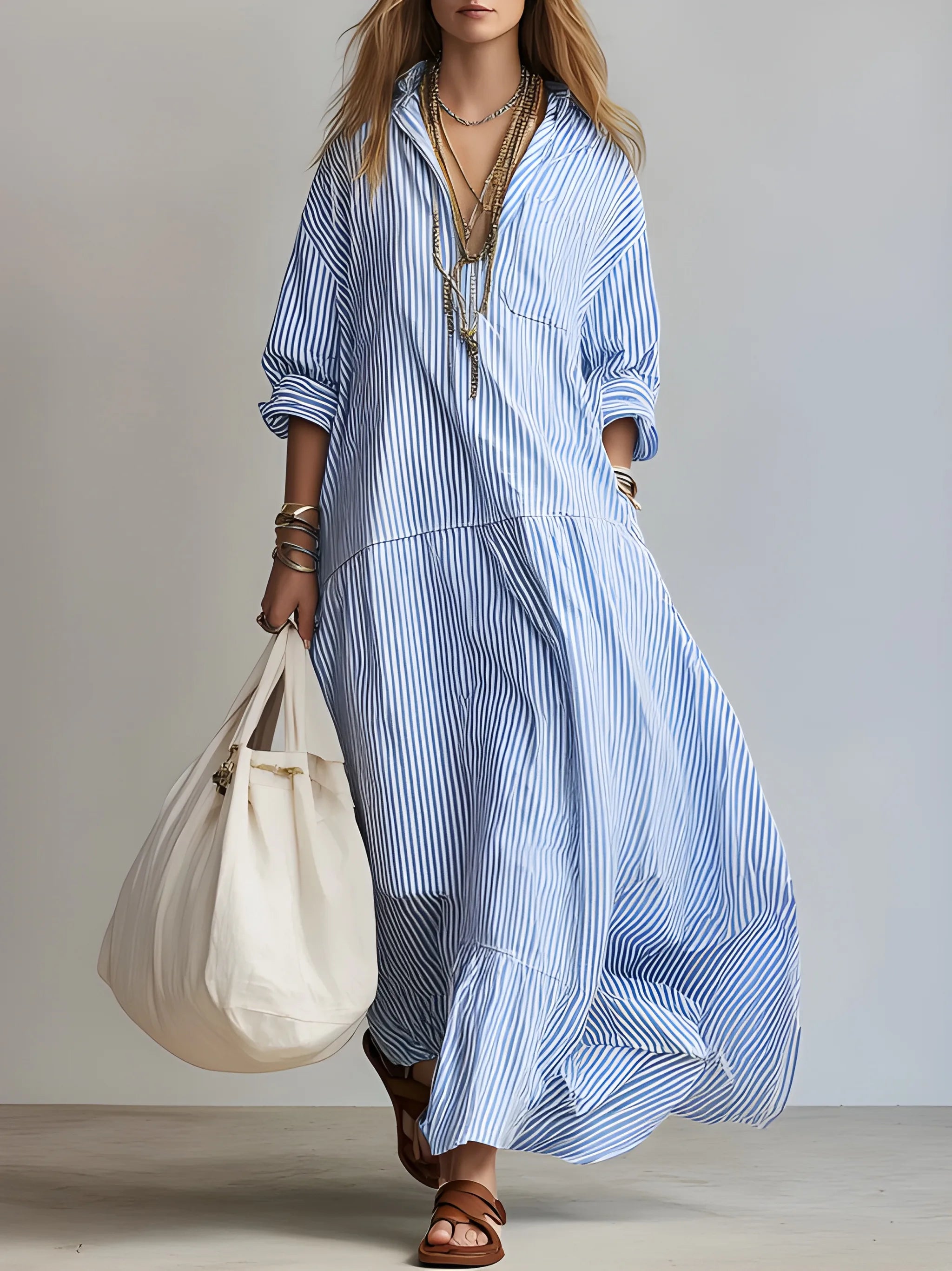 Women's Casual Plaid Maxi Summer Dress with High Neck