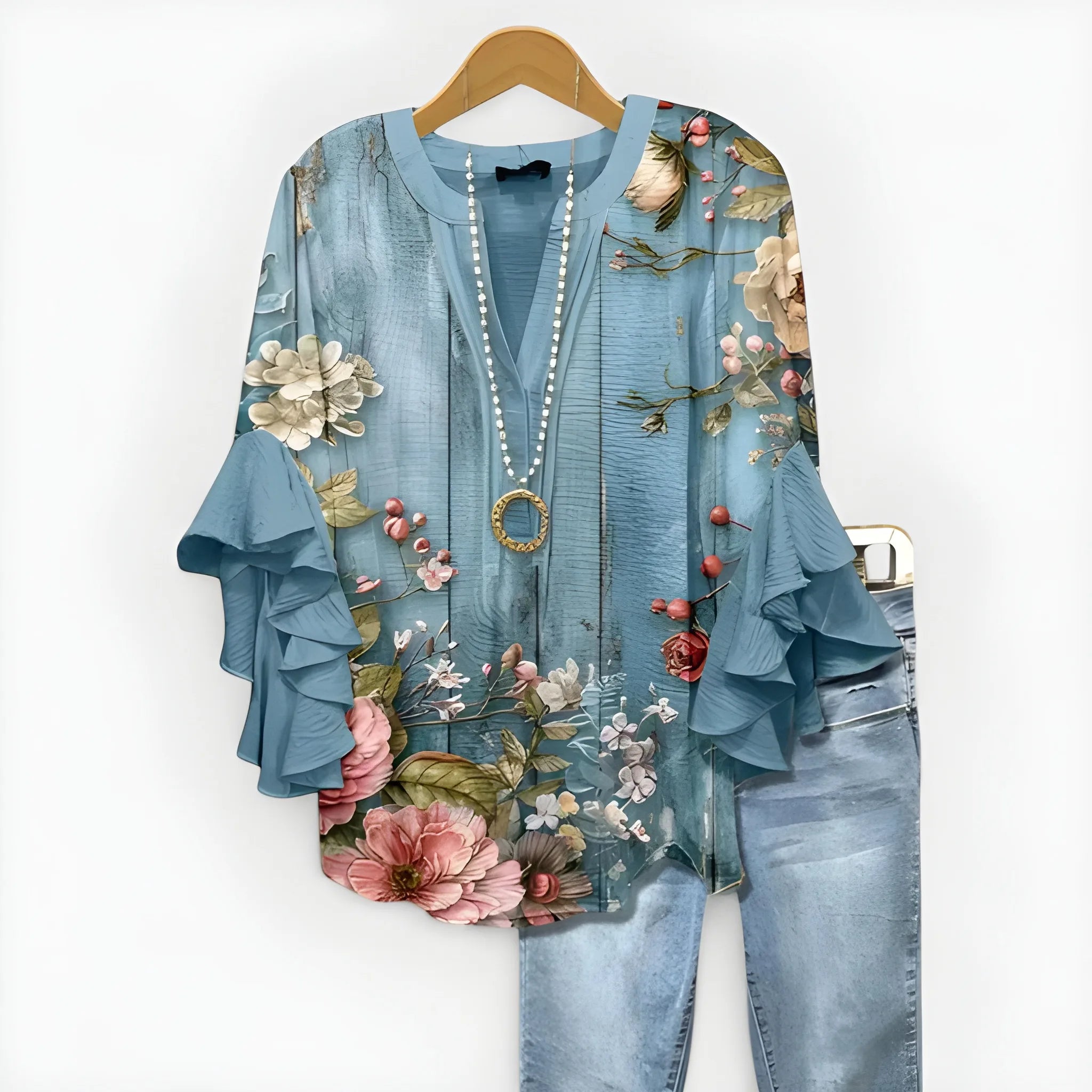 Women's Summer Loose Blouse with V-Neck and Ruffle Sleeves