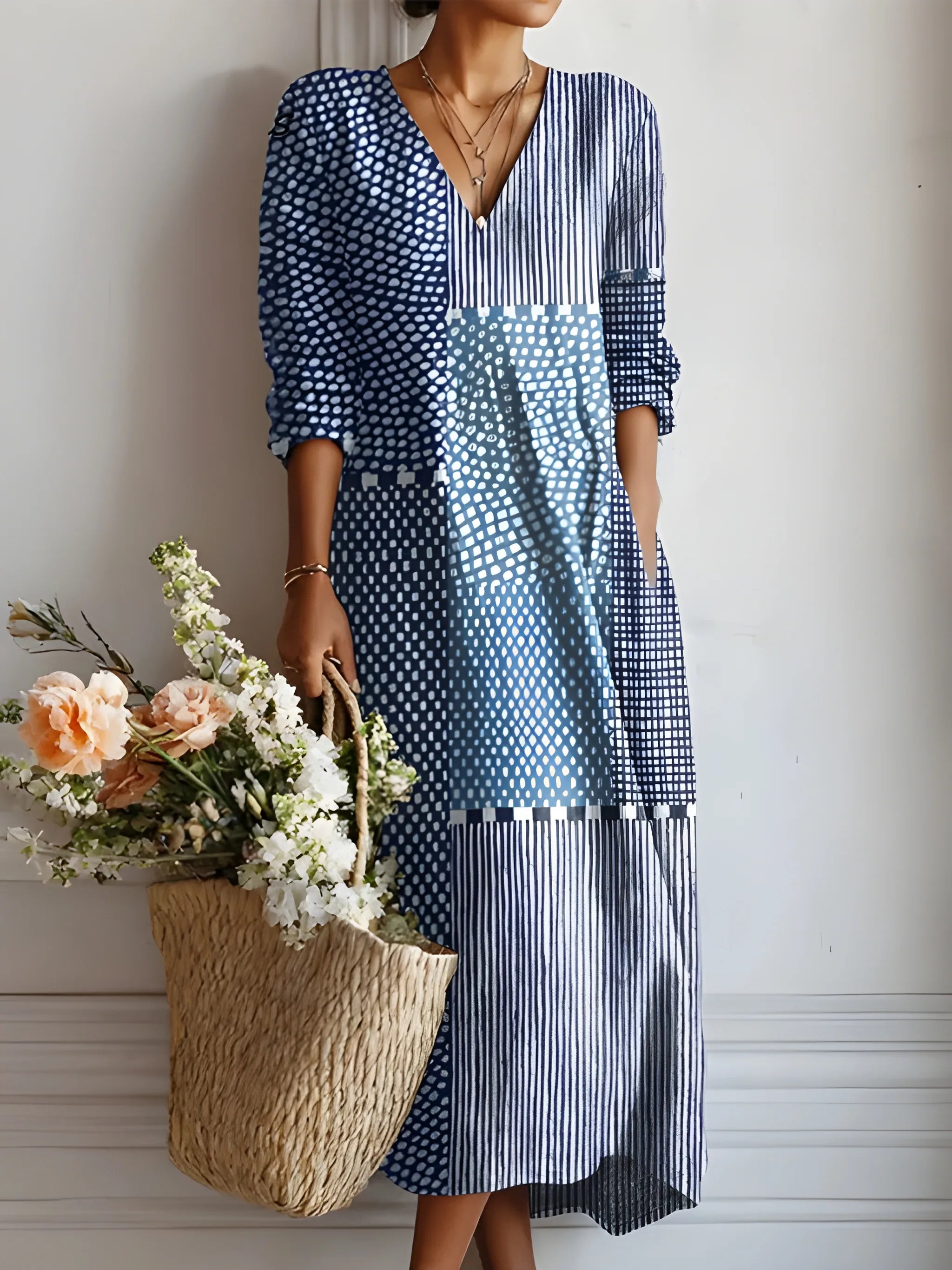 Women's Printed Boho Midi Summer Dress with High Neck