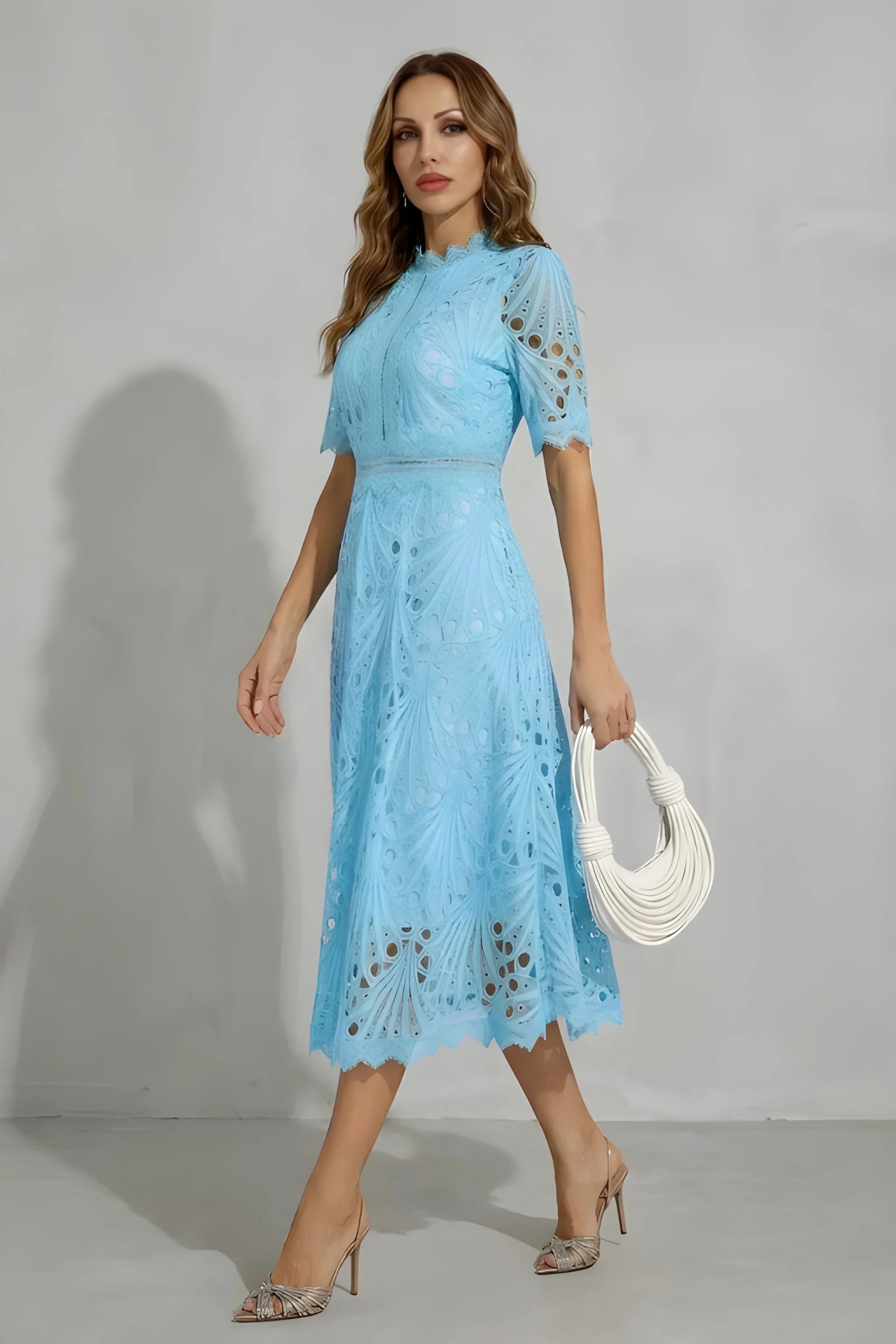 Women's Elegant Vintage Midi Wedding Guest Dress with High Neck