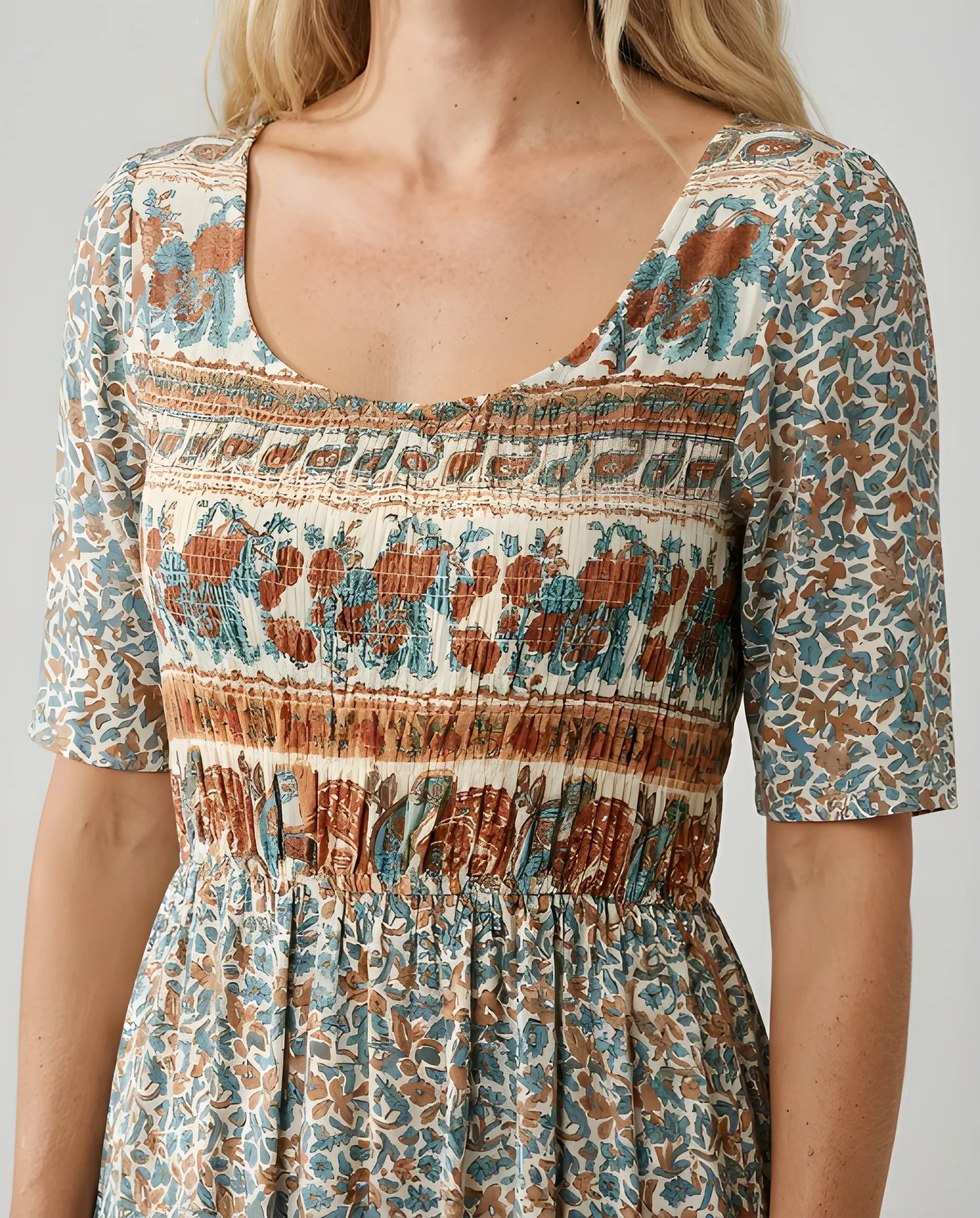 Women's Boho Midi Summer Dress with Square Neck and Tiered Skirt