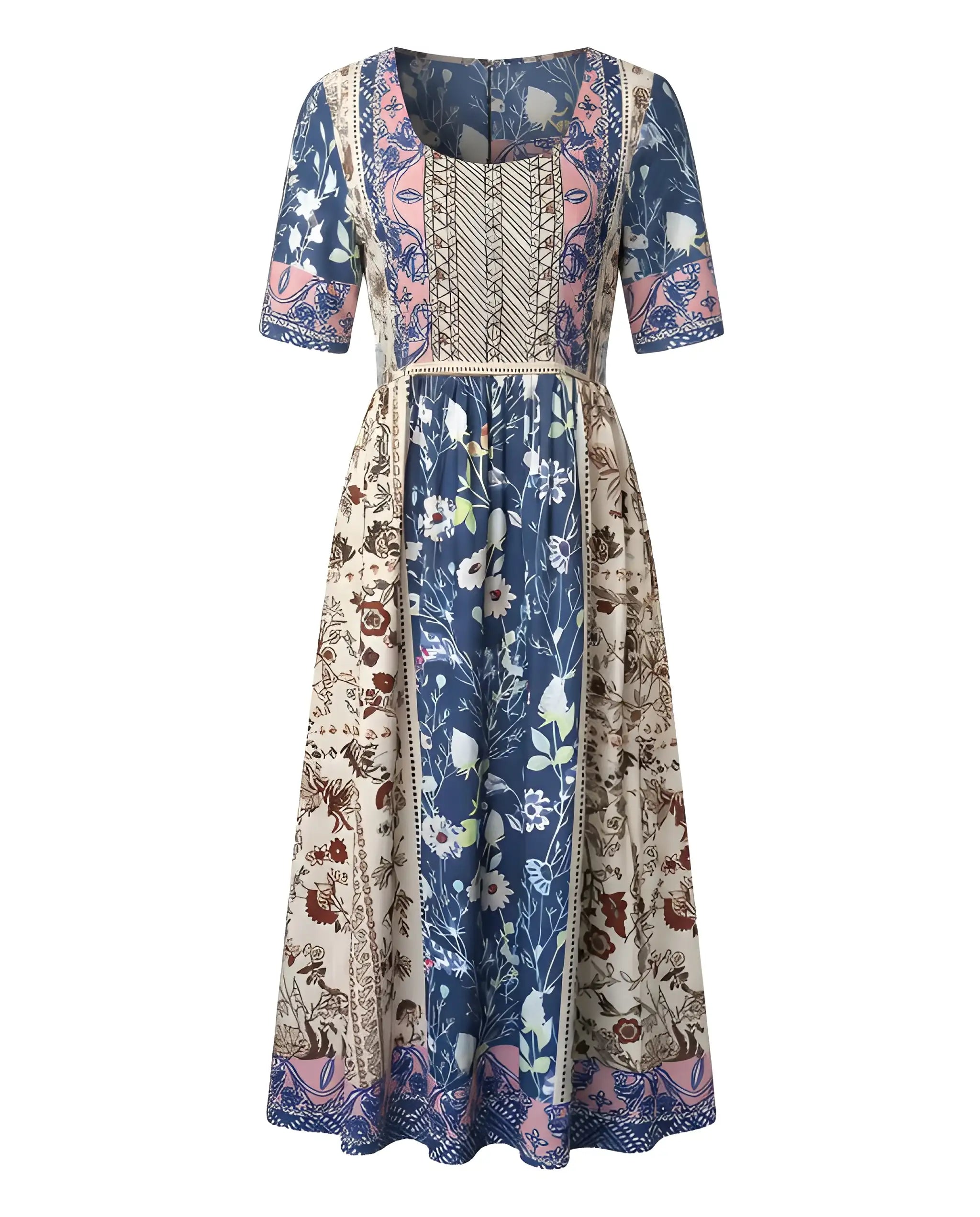 Women's Boho Midi Summer Dress with Square Neck and Tiered Skirt