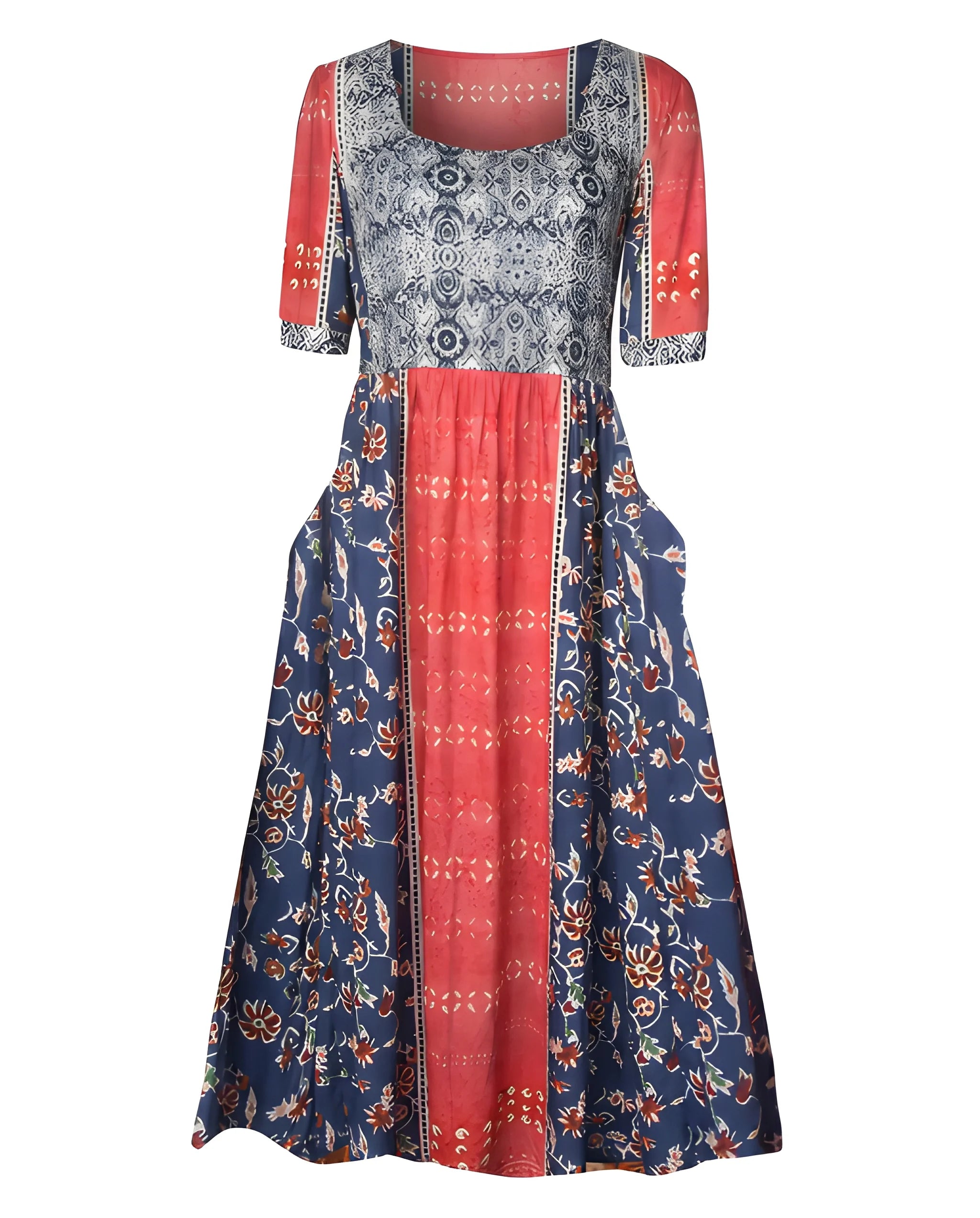 Women's Boho Midi Summer Dress with Square Neck and Tiered Skirt