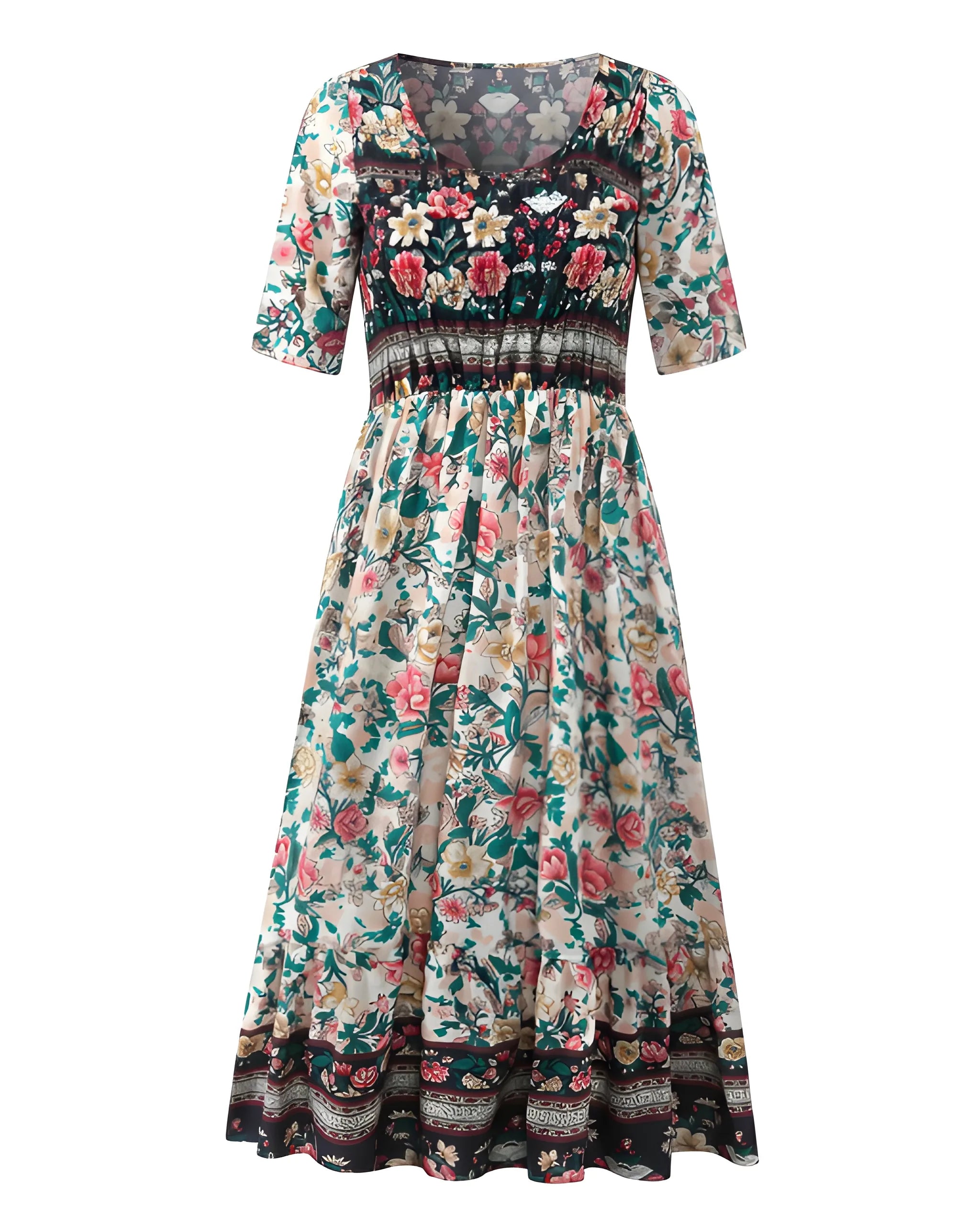 Women's Boho Midi Summer Dress with Square Neck and Tiered Skirt