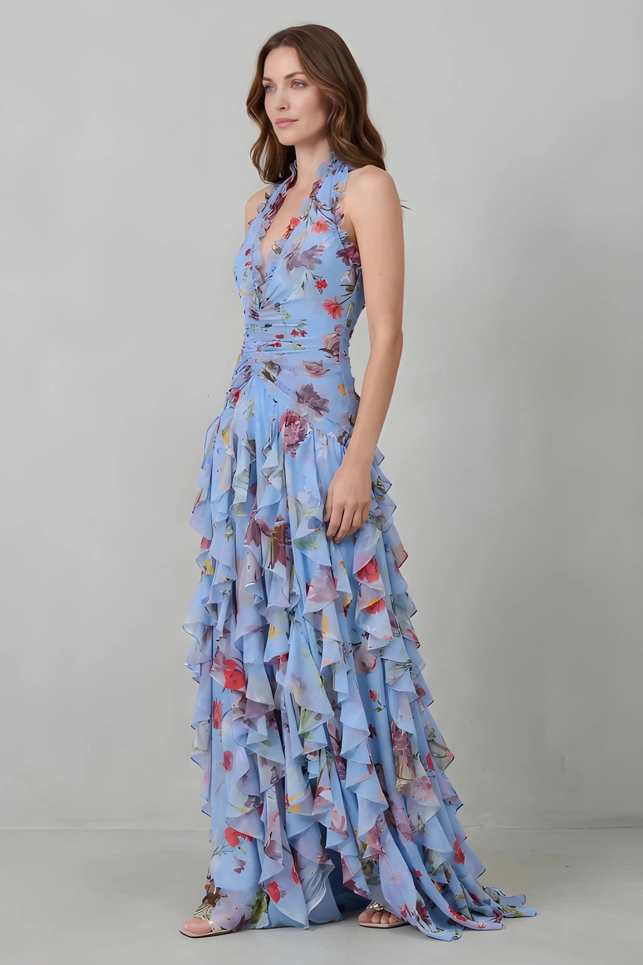 Women's Casual Floral Maxi Wedding Guest Dress with Halter Neck