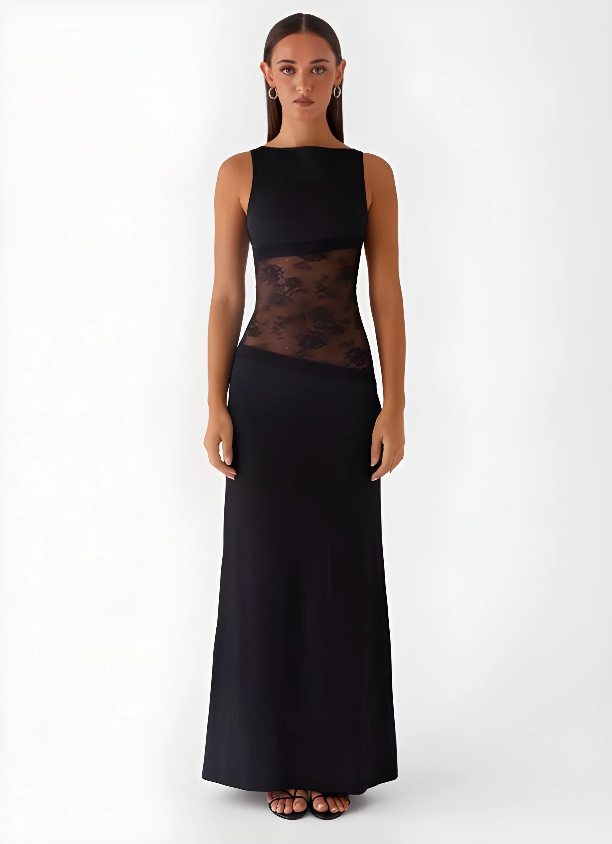 Women's Formal Maxi Wedding Guest Dress with High Neck and Sleeveless Design