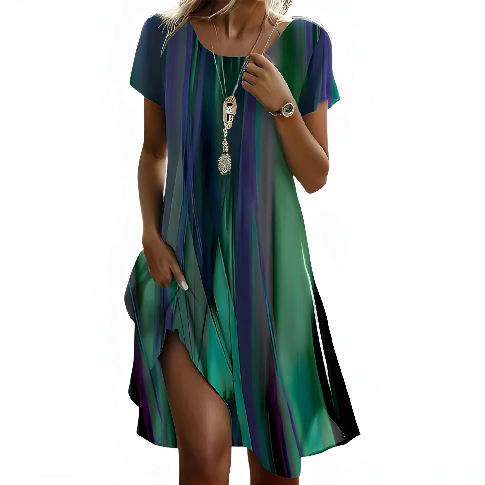 Women's Casual Flowy Midi Summer Dress with Short Sleeve and V-Neck