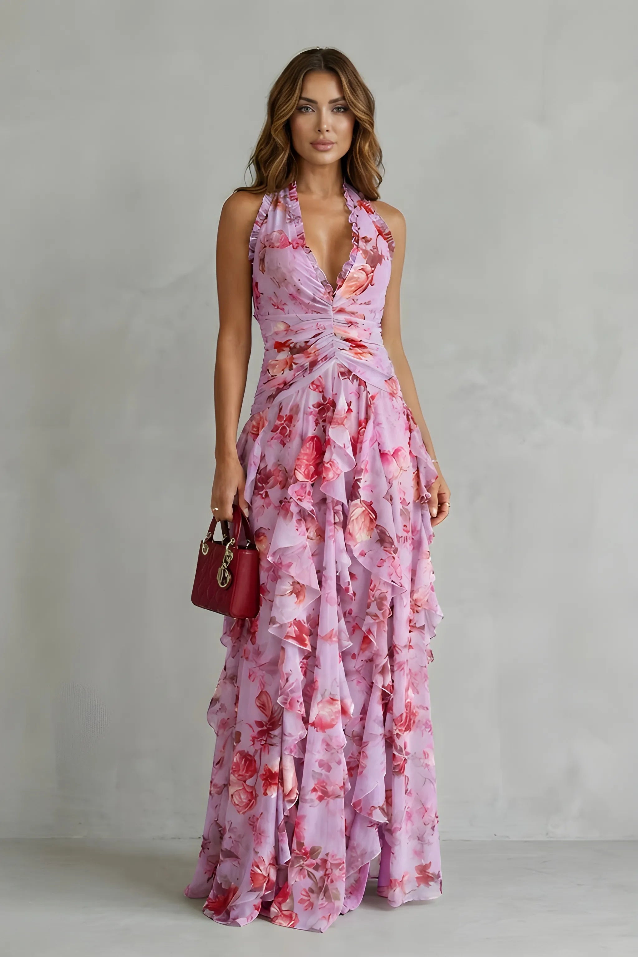 Women's Casual Floral Maxi Wedding Guest Dress with Halter Neck