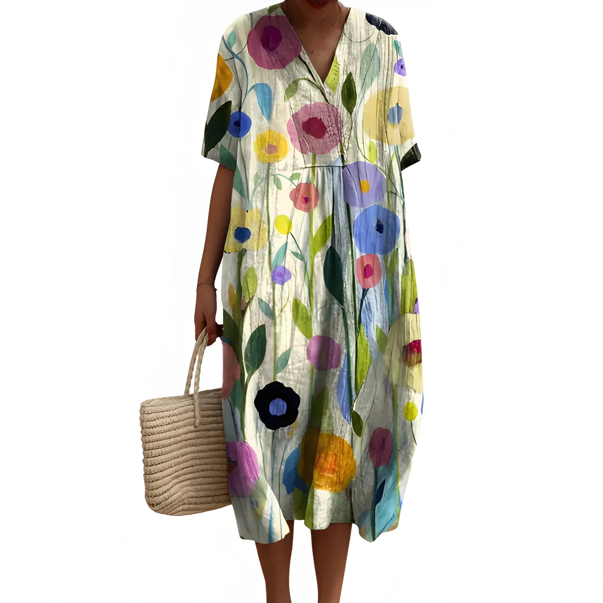 Women's Casual Floral Midi Summer Dress with V Neck