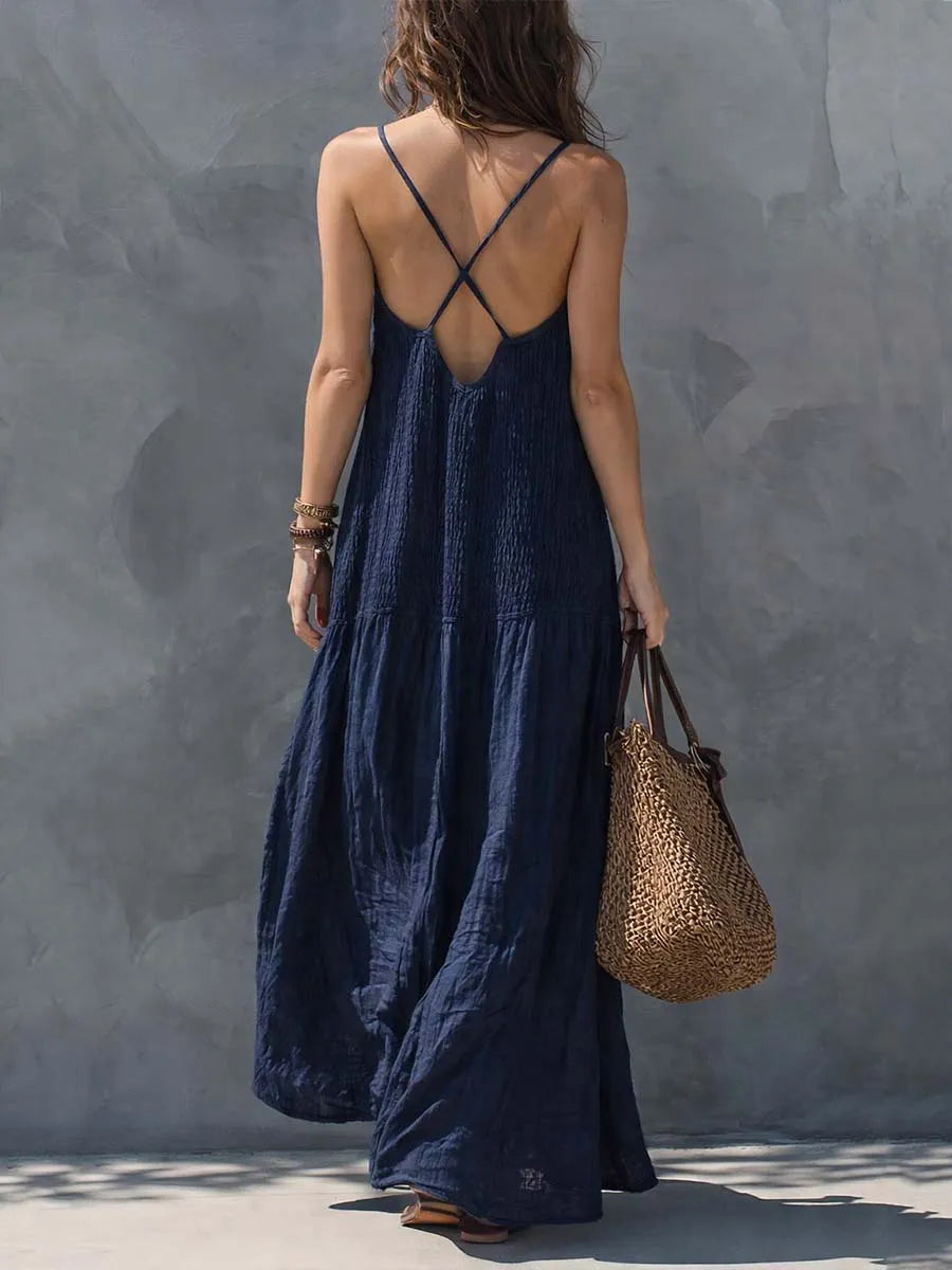 Women's Vintage Flowy Maxi Summer Dress with Split Hem