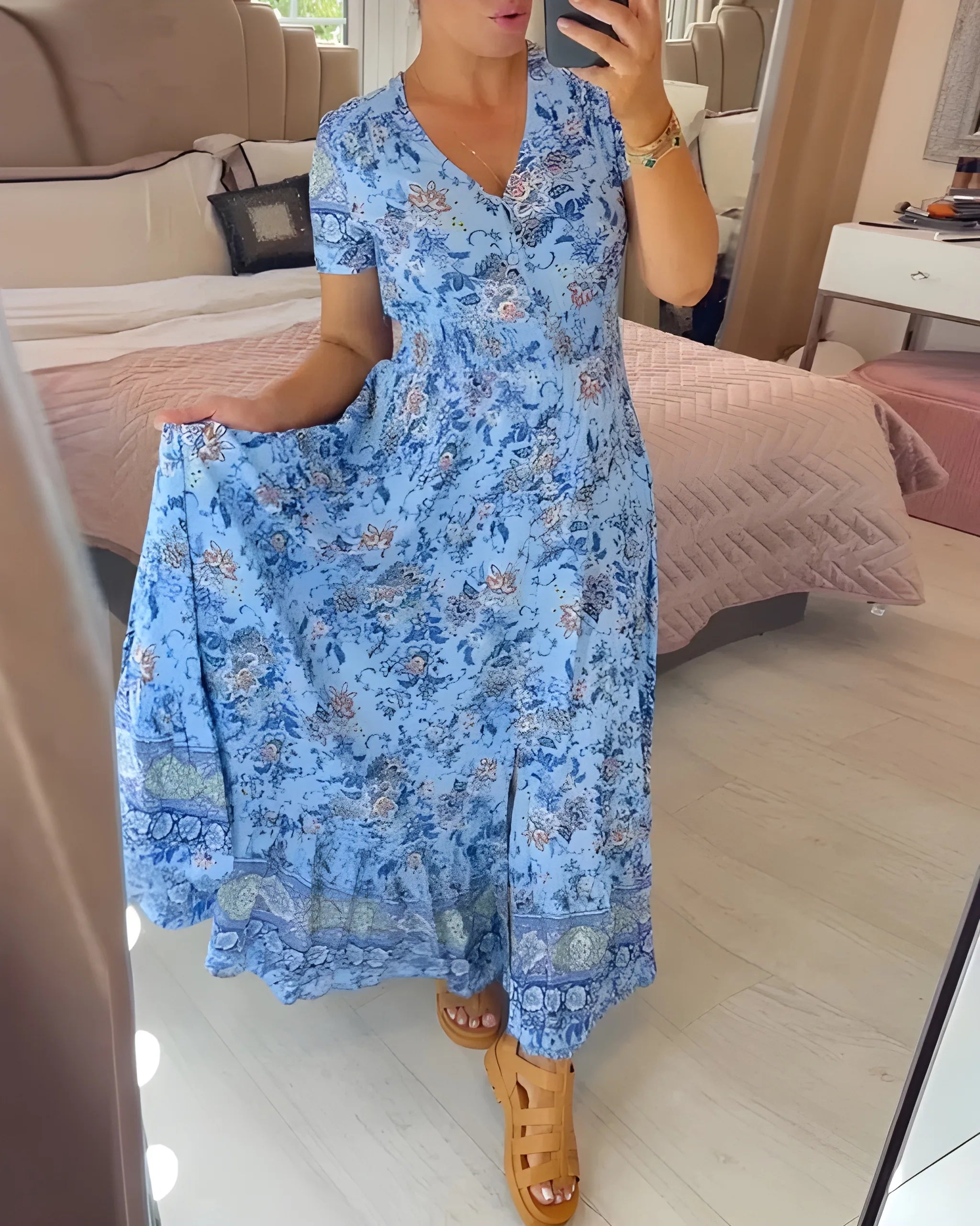Women's Floral Boho Maxi Summer Dress with Button Front