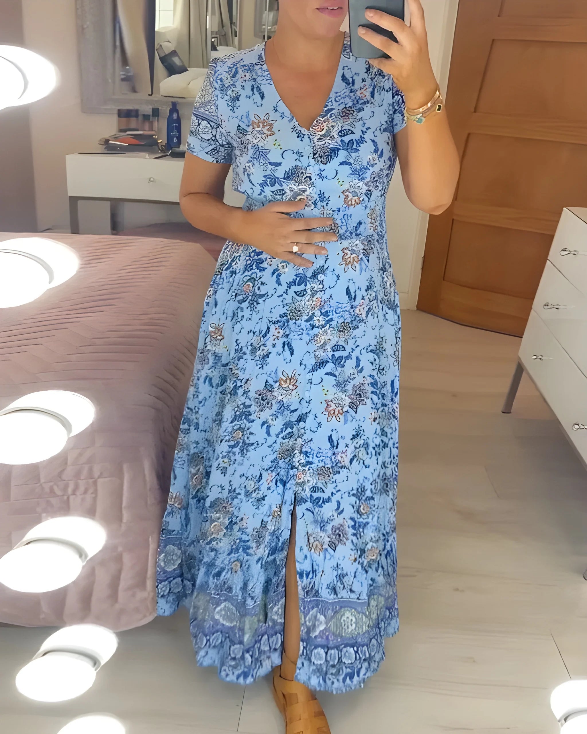 Women's Floral Boho Maxi Summer Dress with Button Front
