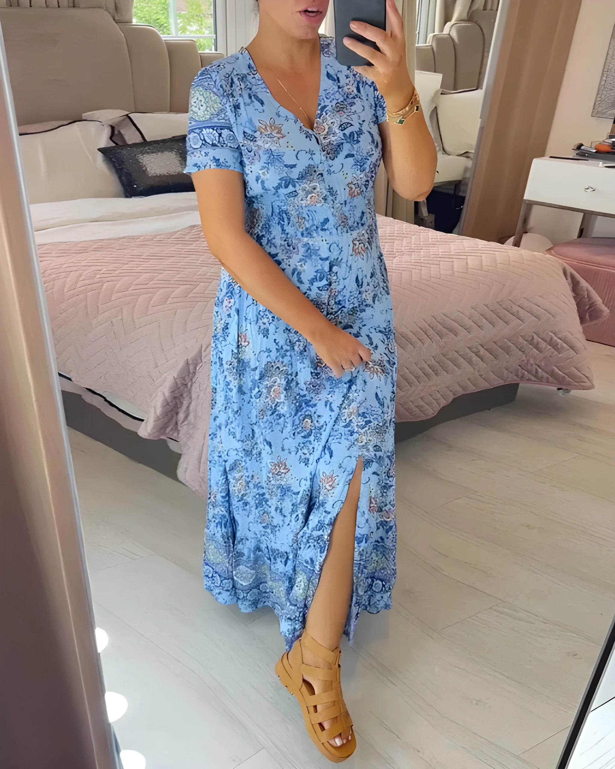 Women's Floral Boho Maxi Summer Dress with Button Front