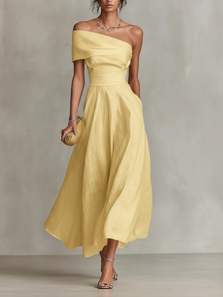 Women's Stylish Yellow Maxi Summer Dress with One Shoulder