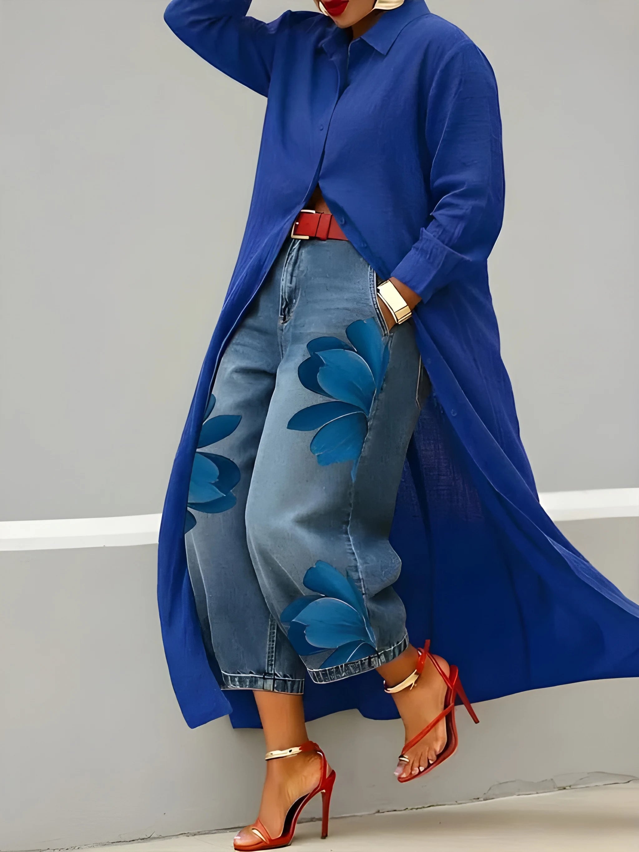 Women's Elegant Floral Midi Shirt Dress with Jeans