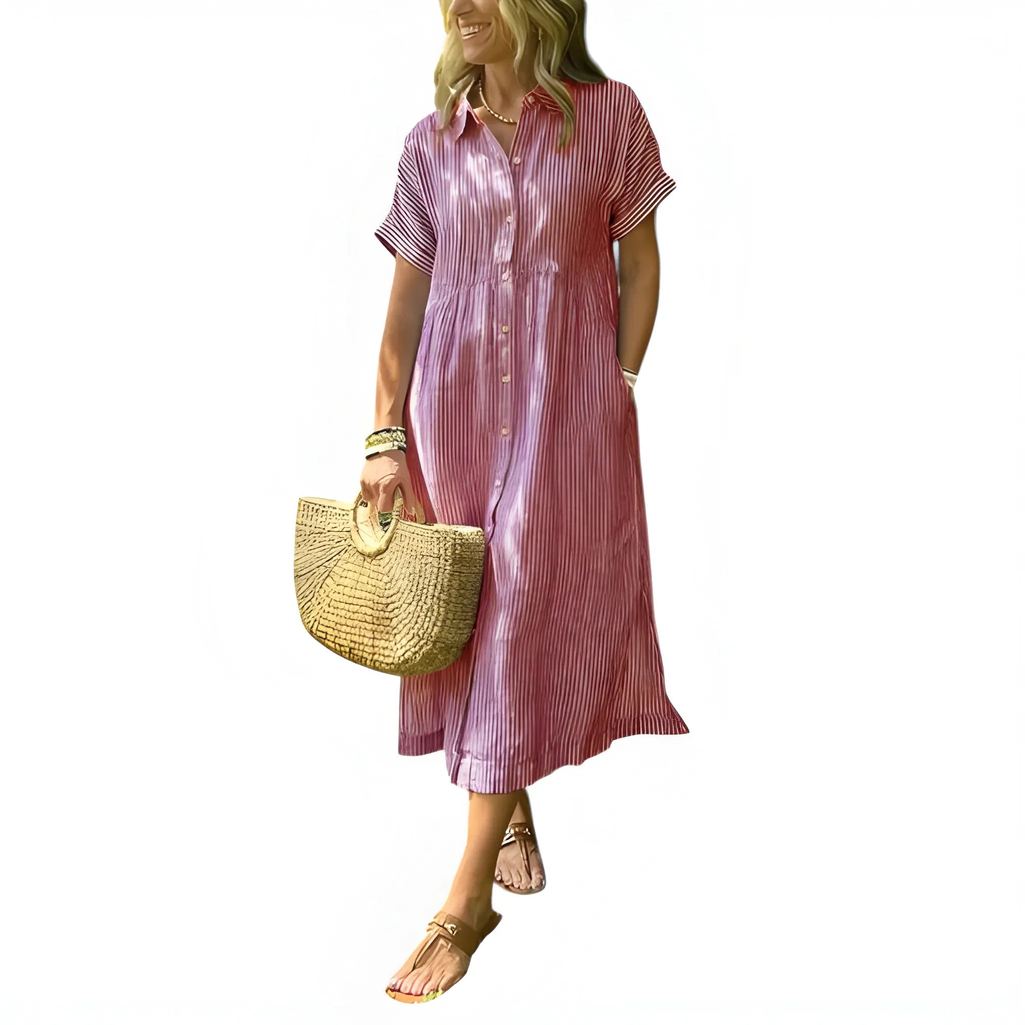 Women's Casual Flowy Midi Summer Dress with Short Sleeve and Button Front