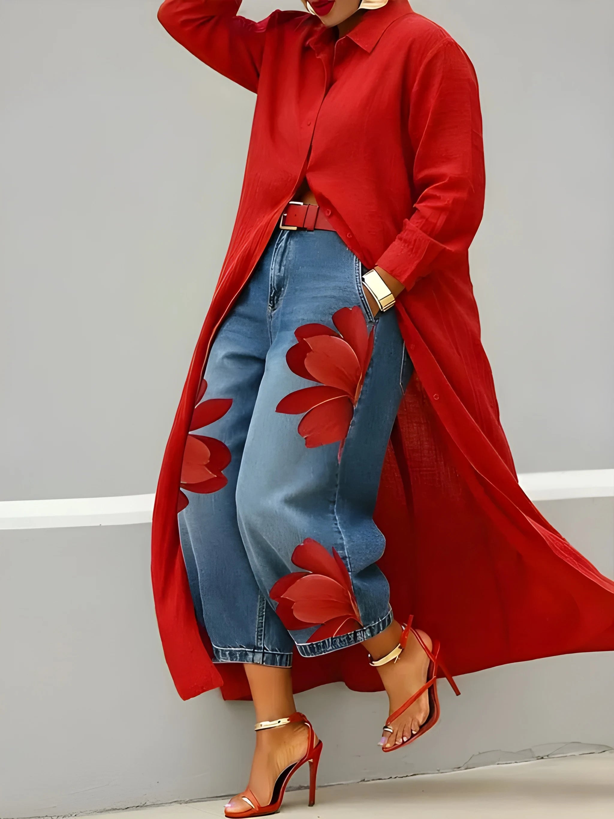 Women's Elegant Floral Midi Shirt Dress with Jeans