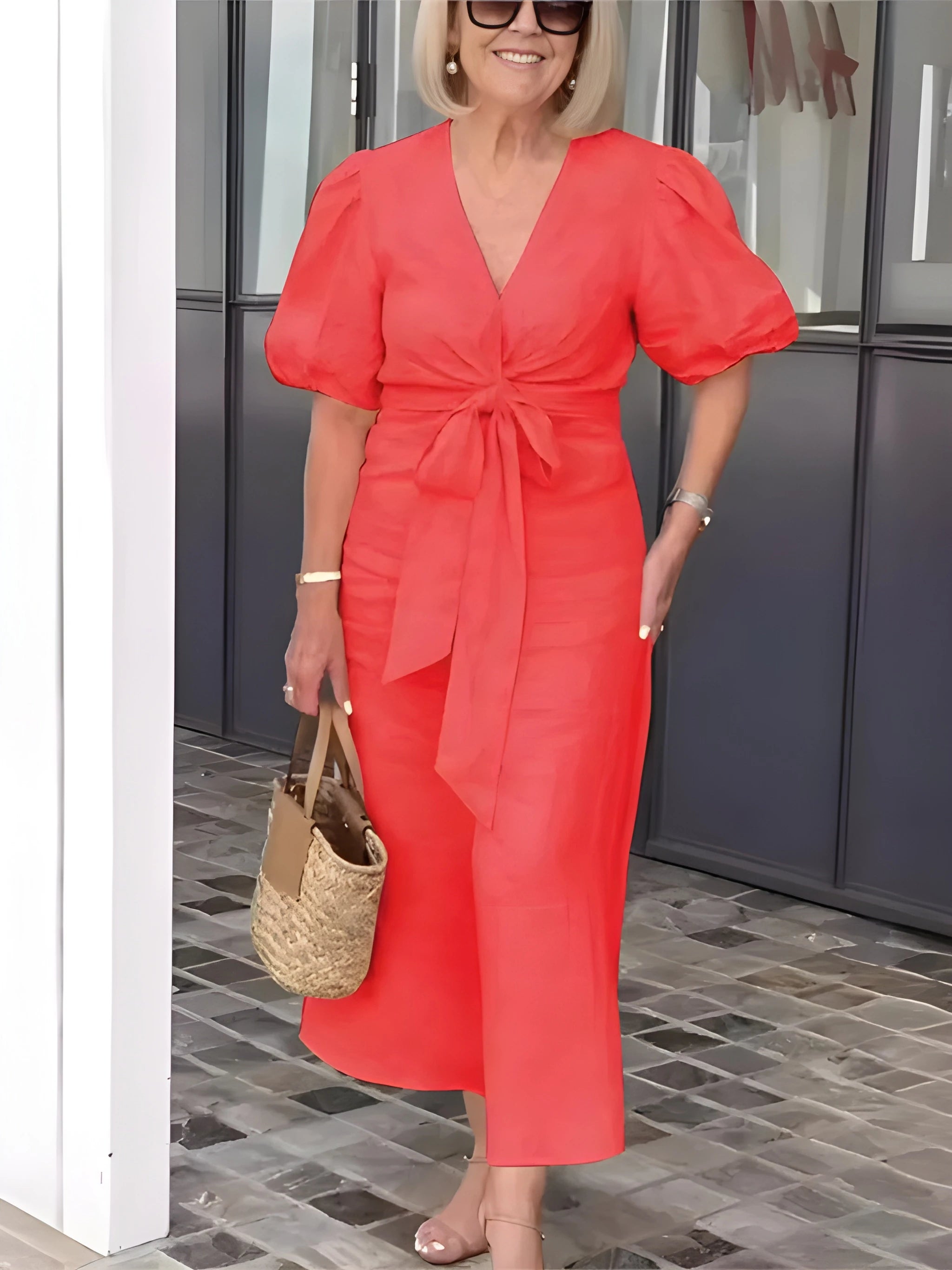 Women's Elegant Midi Summer Dress with Puff Sleeve