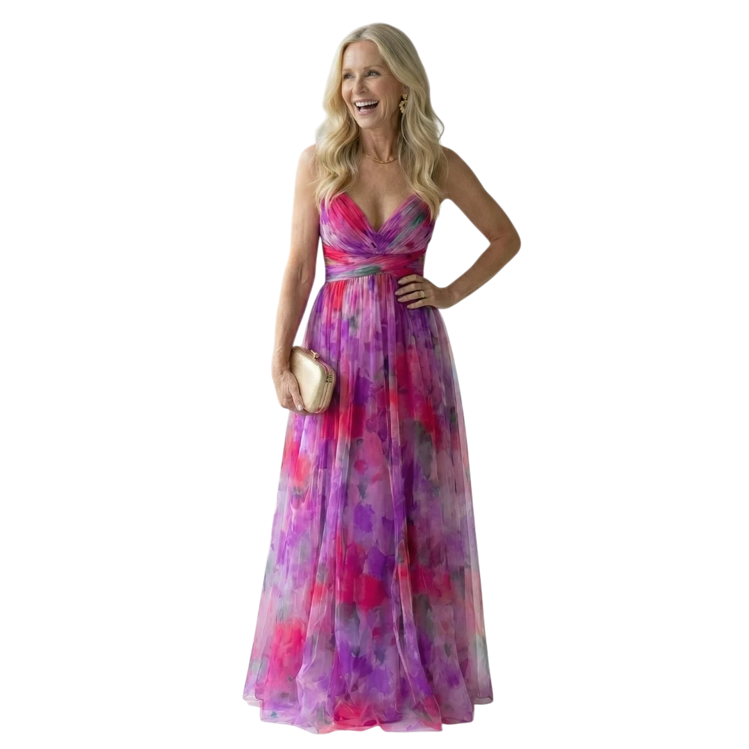 Women's Floral Maxi Wedding Guest Dress with Sweetheart Neckline and Tulle