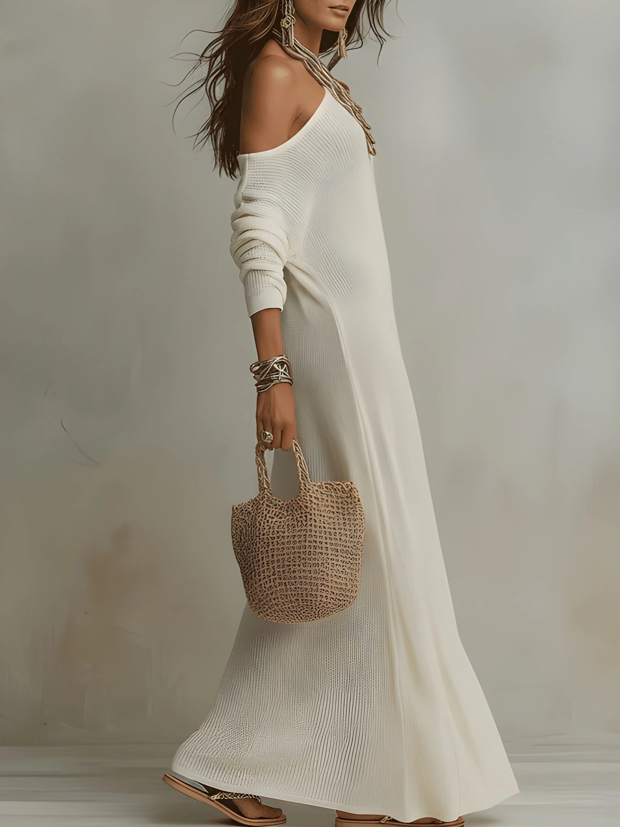 Women's Flowy Boho Maxi Summer Dress with One Shoulder
