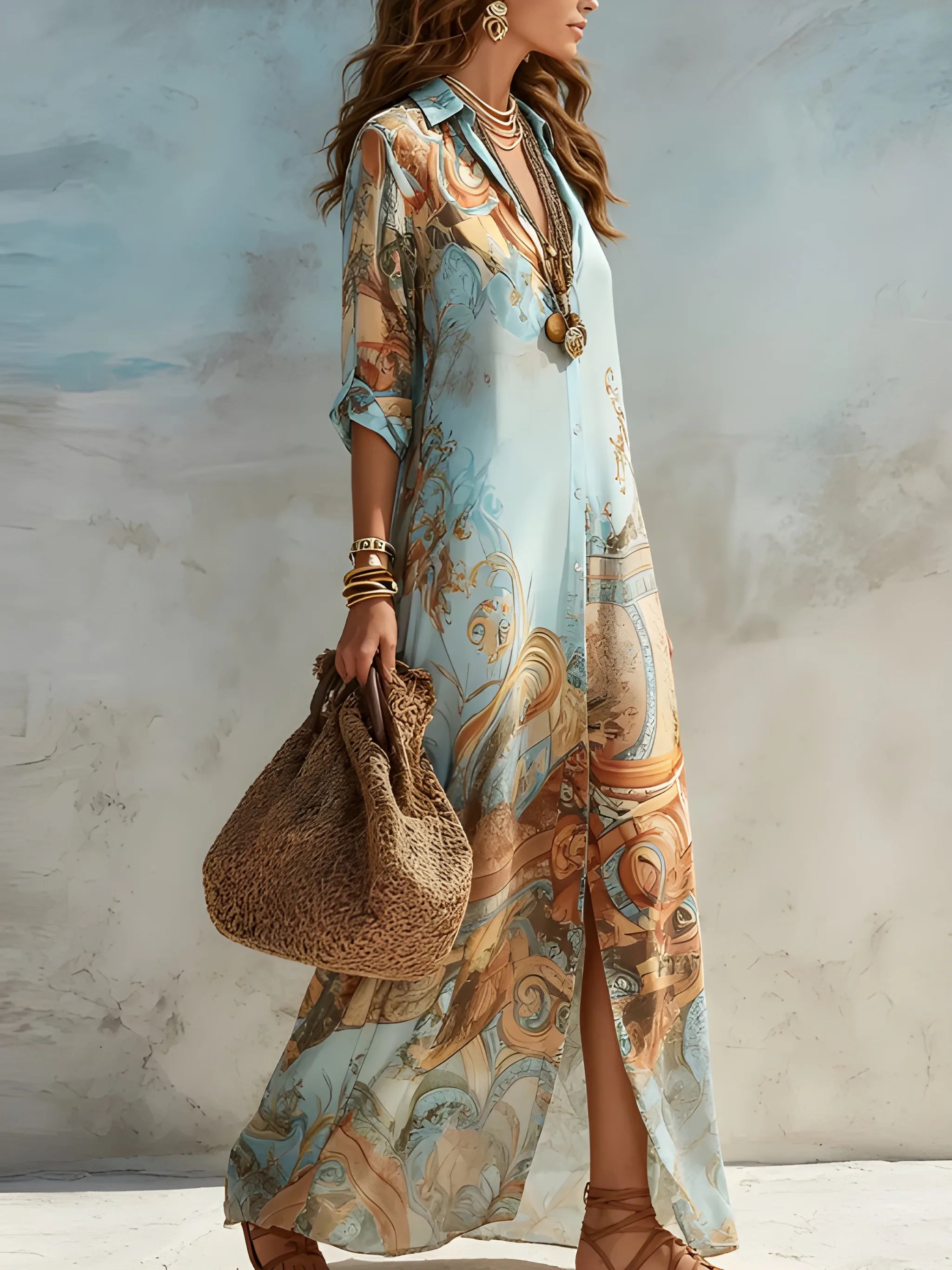 Women's Casual Printed Maxi Summer Shirt Dress with Waist Tie